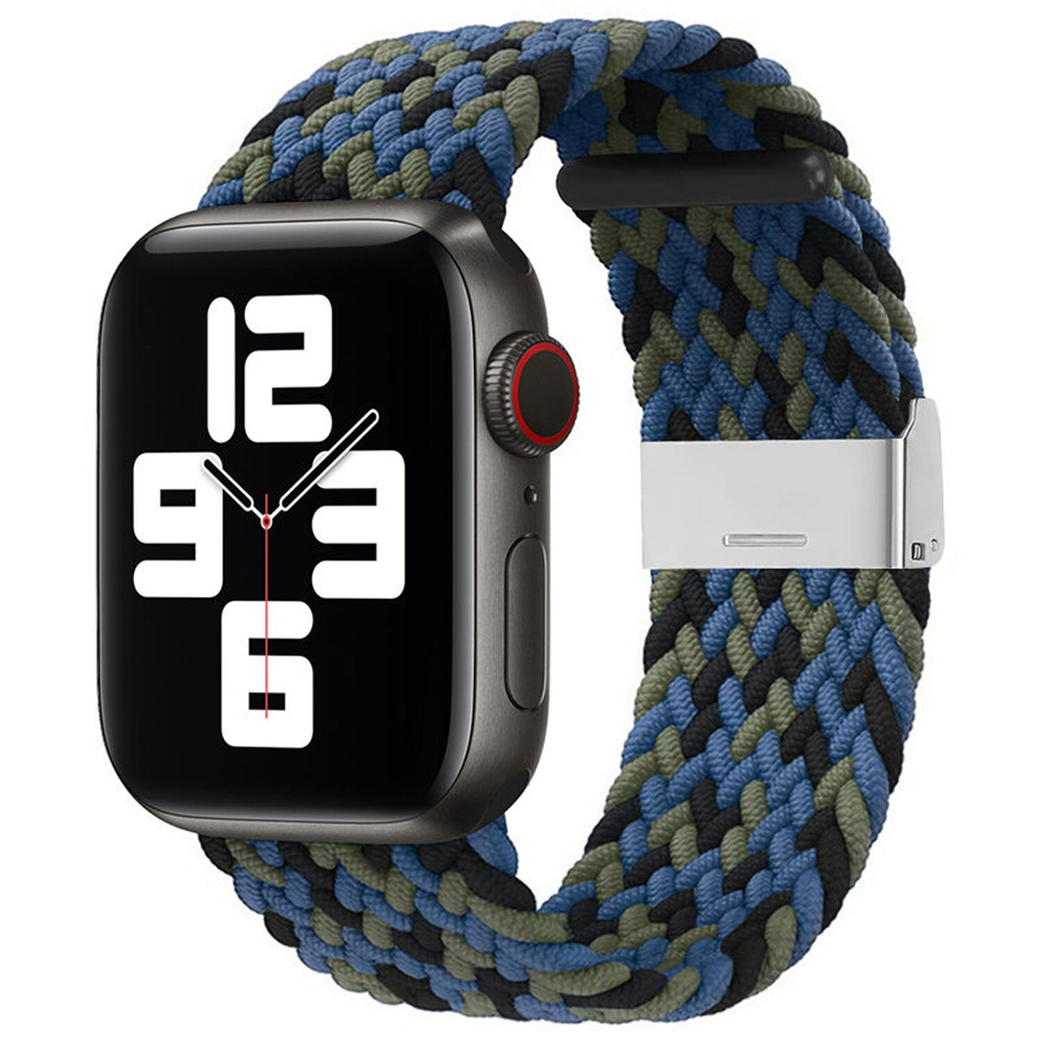 Schwarze Apple Watch mit geflochtenem Armband. Das Armband hat blau, grün und schwarz verwoben. Das Zifferblatt ist an.