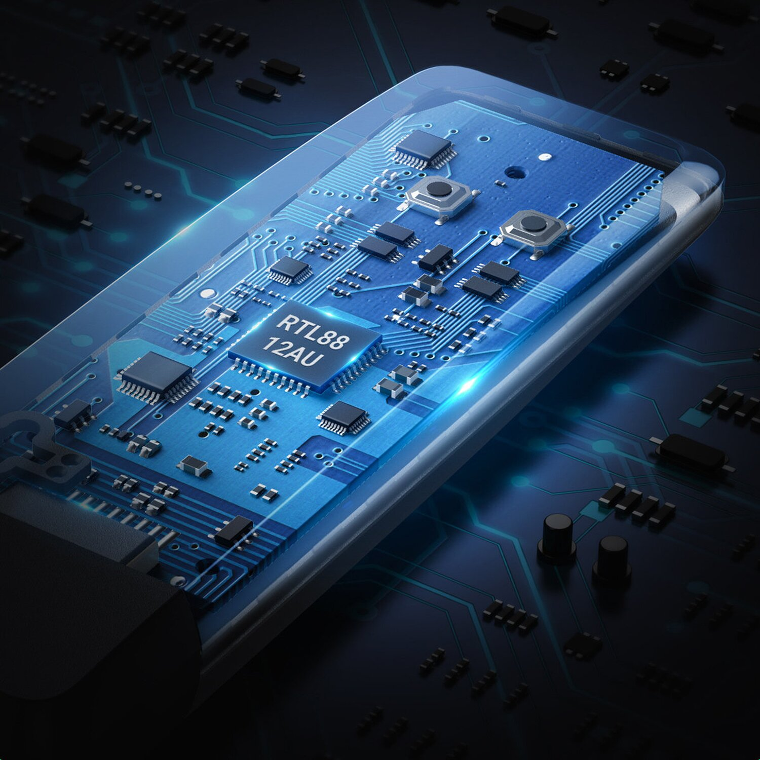 Blaue Leiterplatte in einem transparenten USB-Laufwerk.