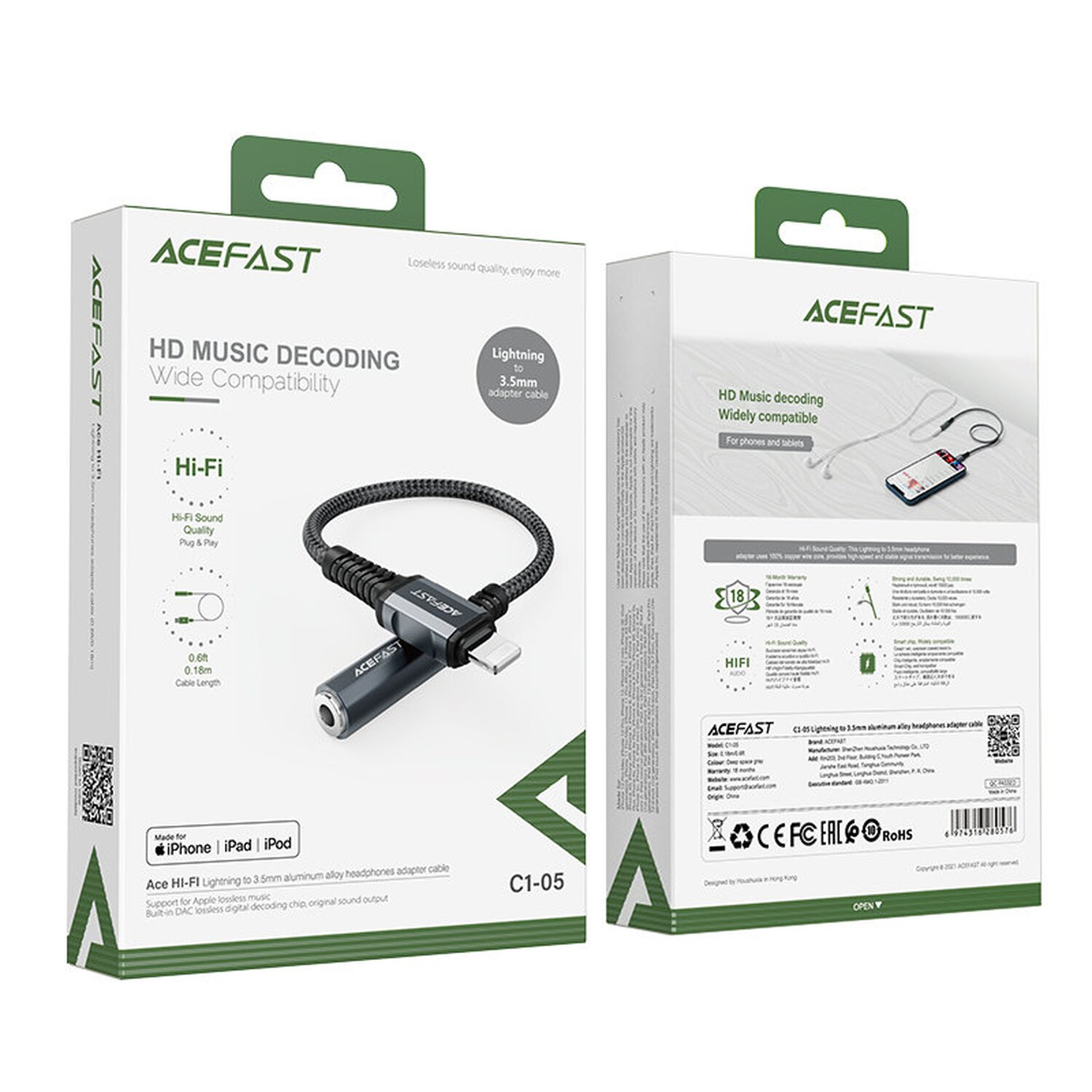 Zwei Produktboxen, eine mit Lightning-Adapter und die andere mit Text.