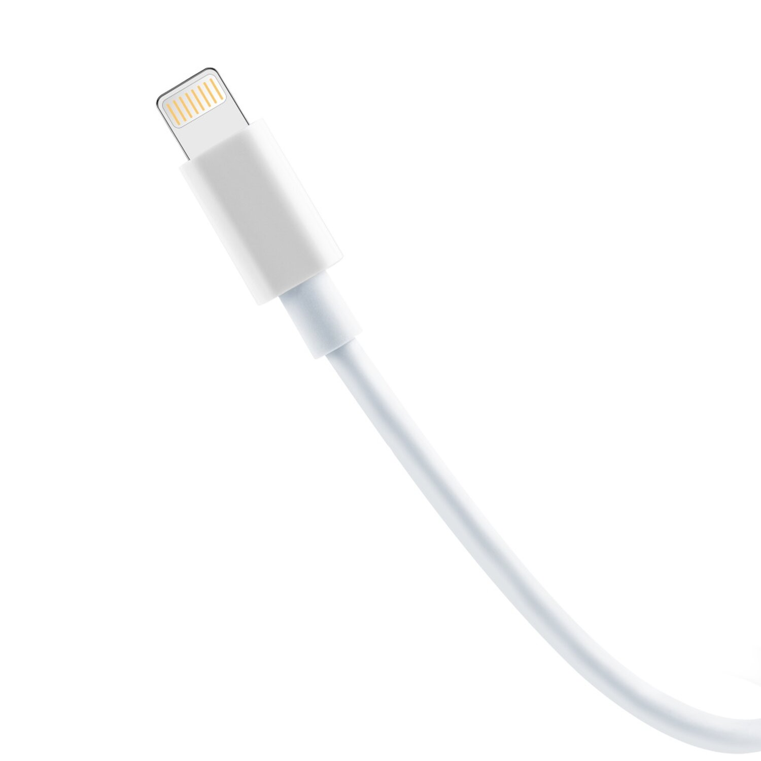 Ein weißes Lightning-Kabel mit weißem Stecker oben, abgewinkelt auf weißem Hintergrund.