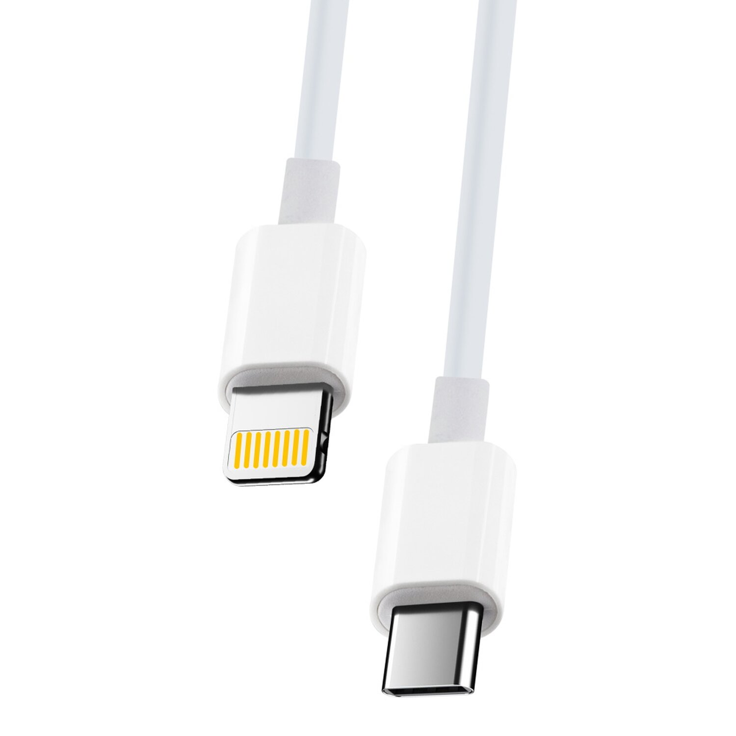 Weißes Ladekabel mit Lightning- und USB-C-Anschlüssen, isoliert auf Weiß.