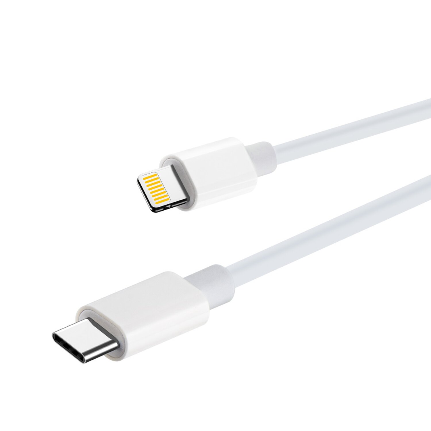 Weißes Ladekabel mit Lightning- und USB-C-Anschlüssen auf weißem Hintergrund.