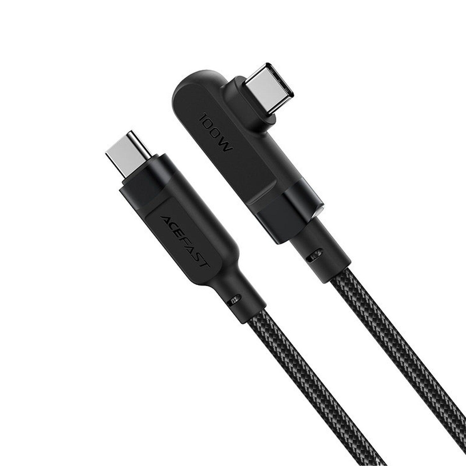 Schwarzes USB-C-Kabel mit einem 100-W-Winkelstecker und einer ACEFAST-Markierung.