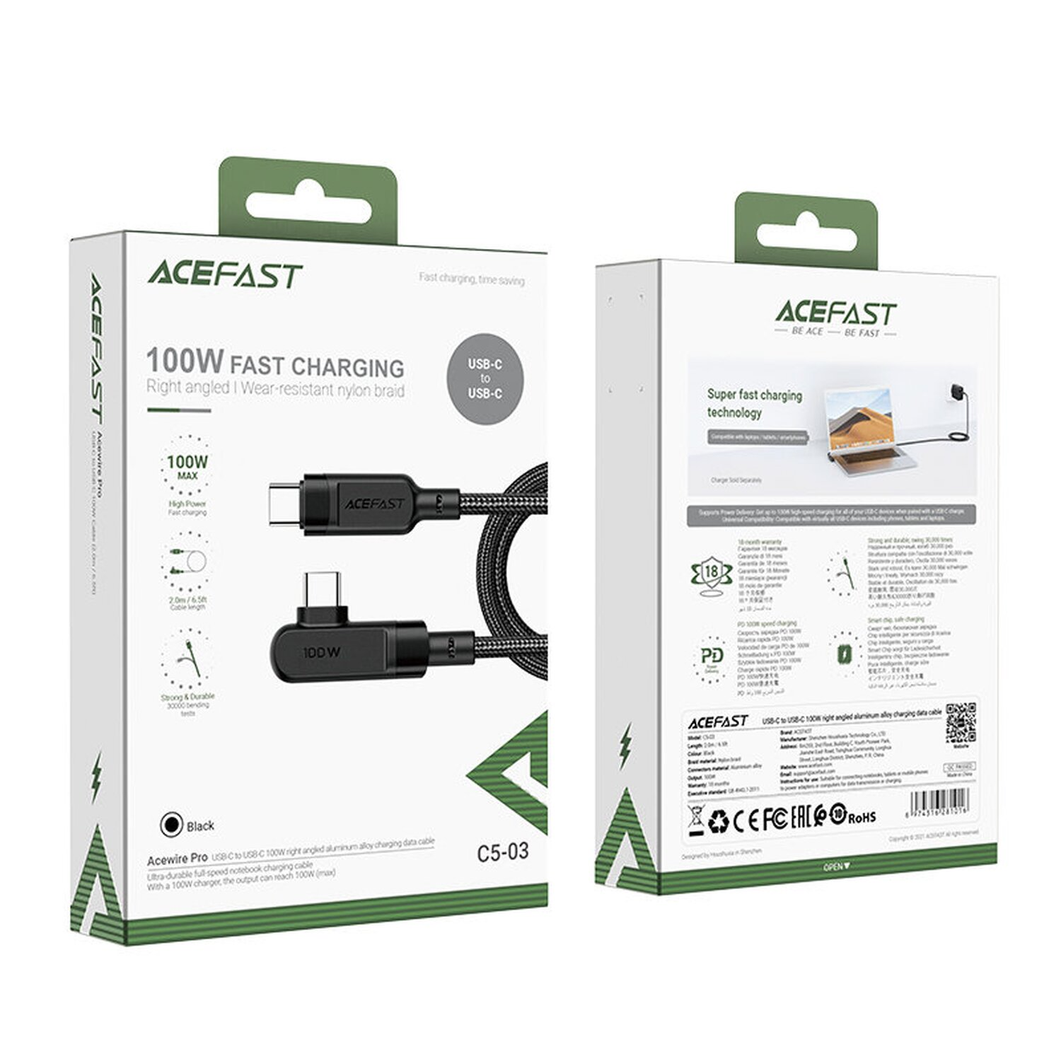 Verpackung für ein 100W Schnelllade-USB-Kabel. Zeigt Kabel und Funktionen.