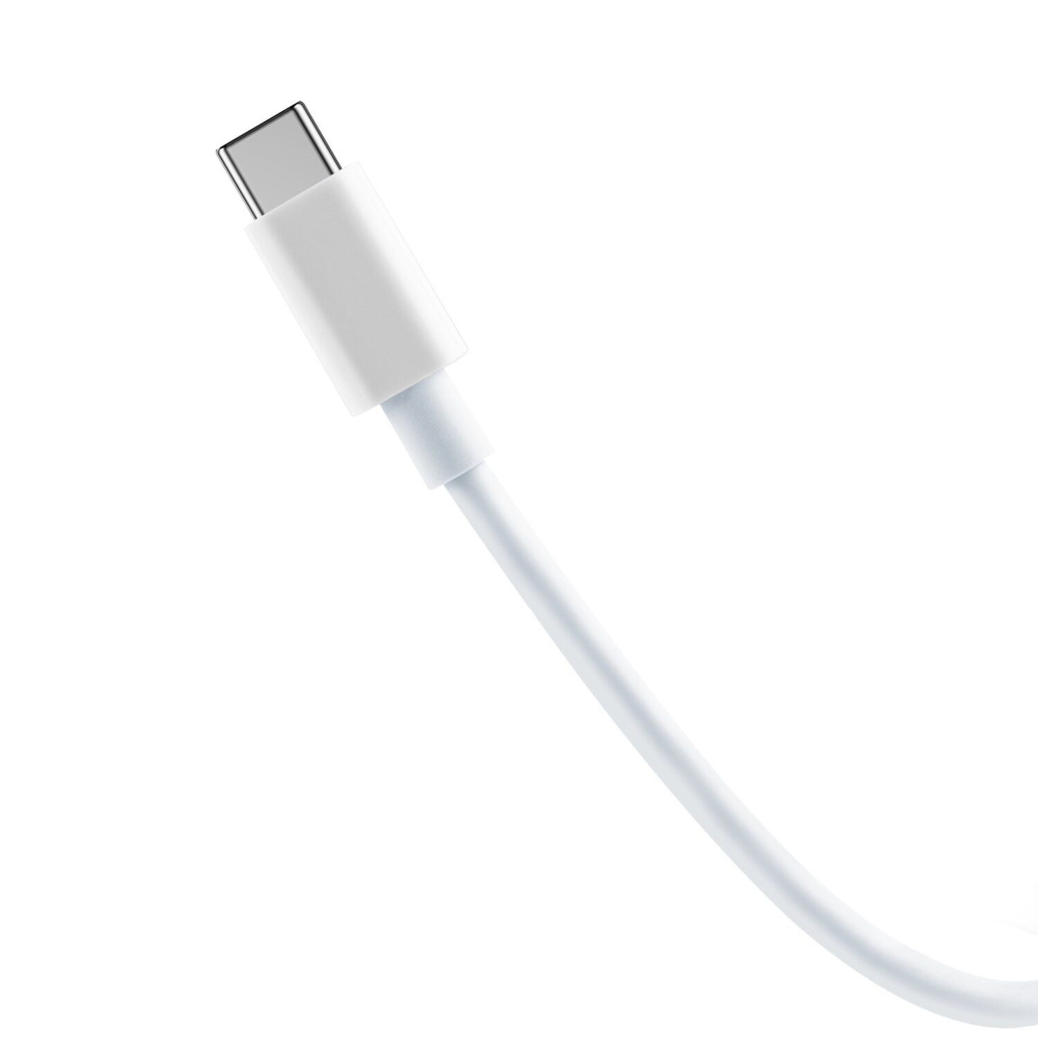 Ein weißes USB-C-Kabel, das nach rechts oben abgewinkelt ist. Der Hintergrund ist schlicht weiß.