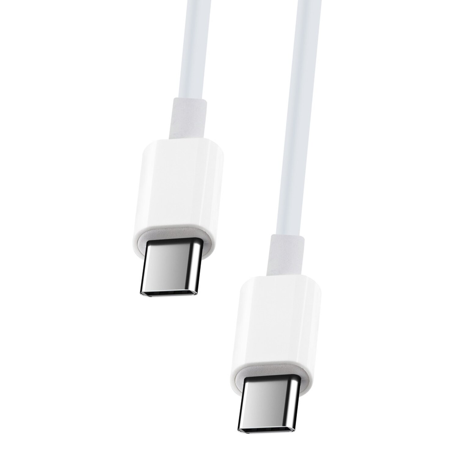 Zwei weiße USB-C-Kabel mit silberfarbenen Anschlüssen auf weißem Hintergrund. Die Kabel sind nah.