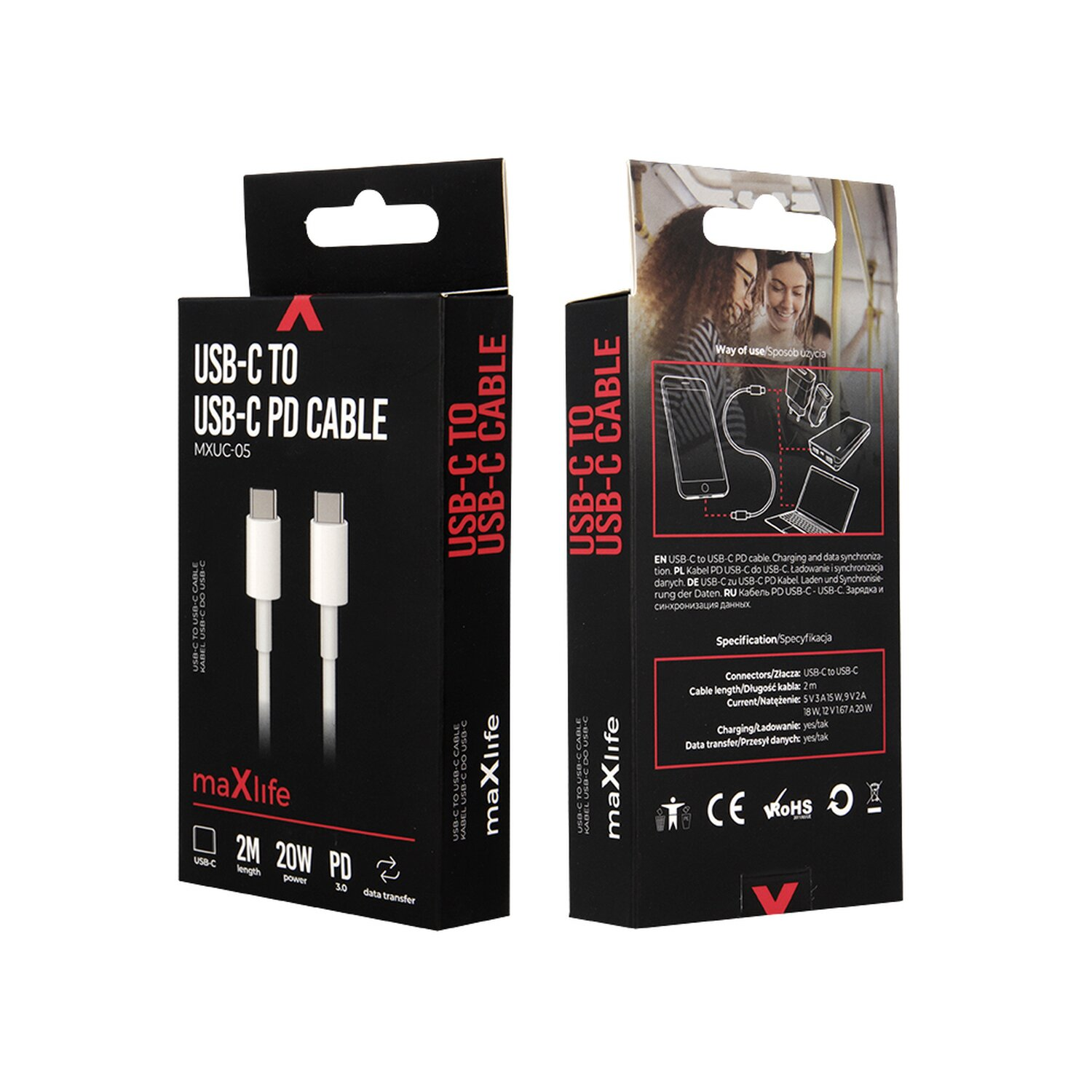 Zwei Kartons mit USB-C-zu-USB-C-PD-Kabeln. Die Kartons enthalten Produktinformationen und Abbildungen.