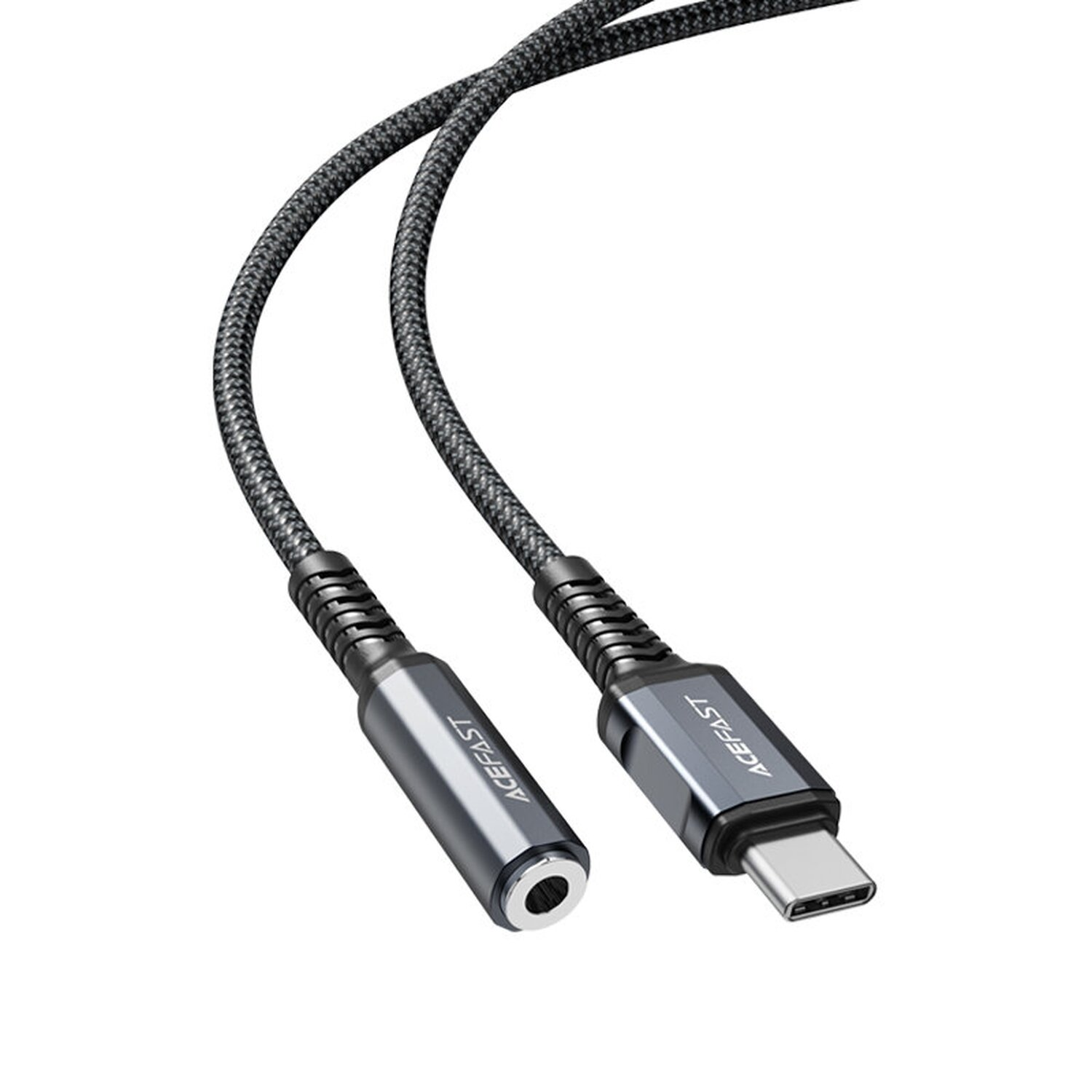 Audiokabel, schwarz und grau. Anschlüsse: USB-C und 3,5-mm-Klinke. Text: ACEFAST. Geflochtenes Kabel.