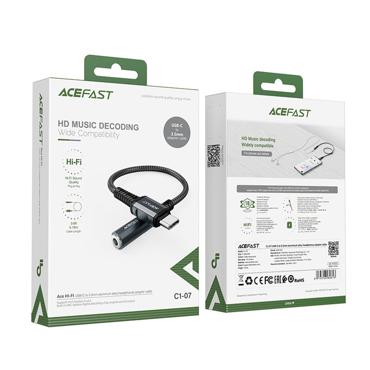 Verpackung für ein USB-C-auf-3,5-mm-Audioadapterkabel, mit Produktdetails.
