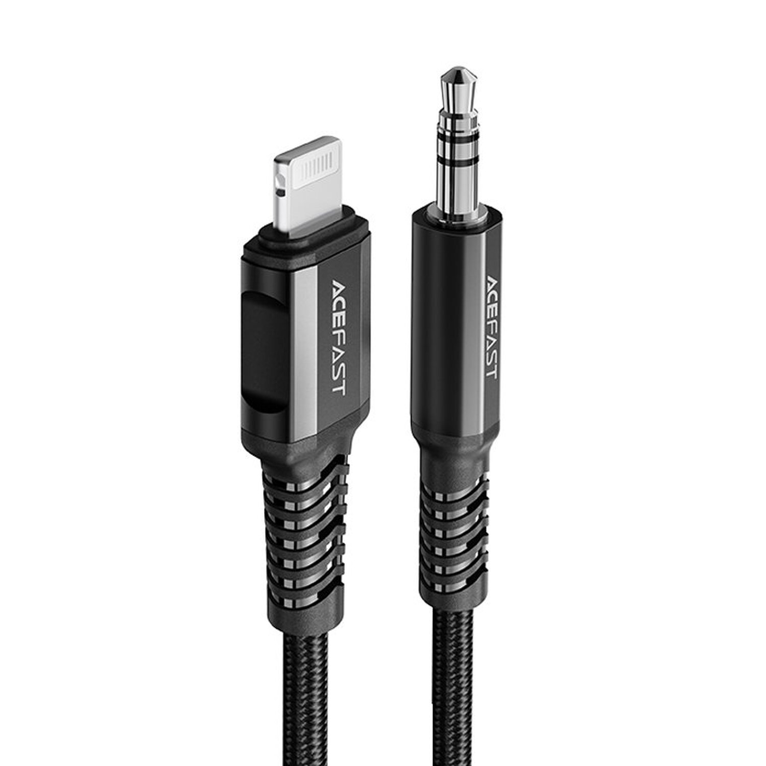 Schwarzes ACEFAST Lightning-auf-3,5-mm-Audiokabel. Anschlüsse sind an beiden Enden sichtbar.