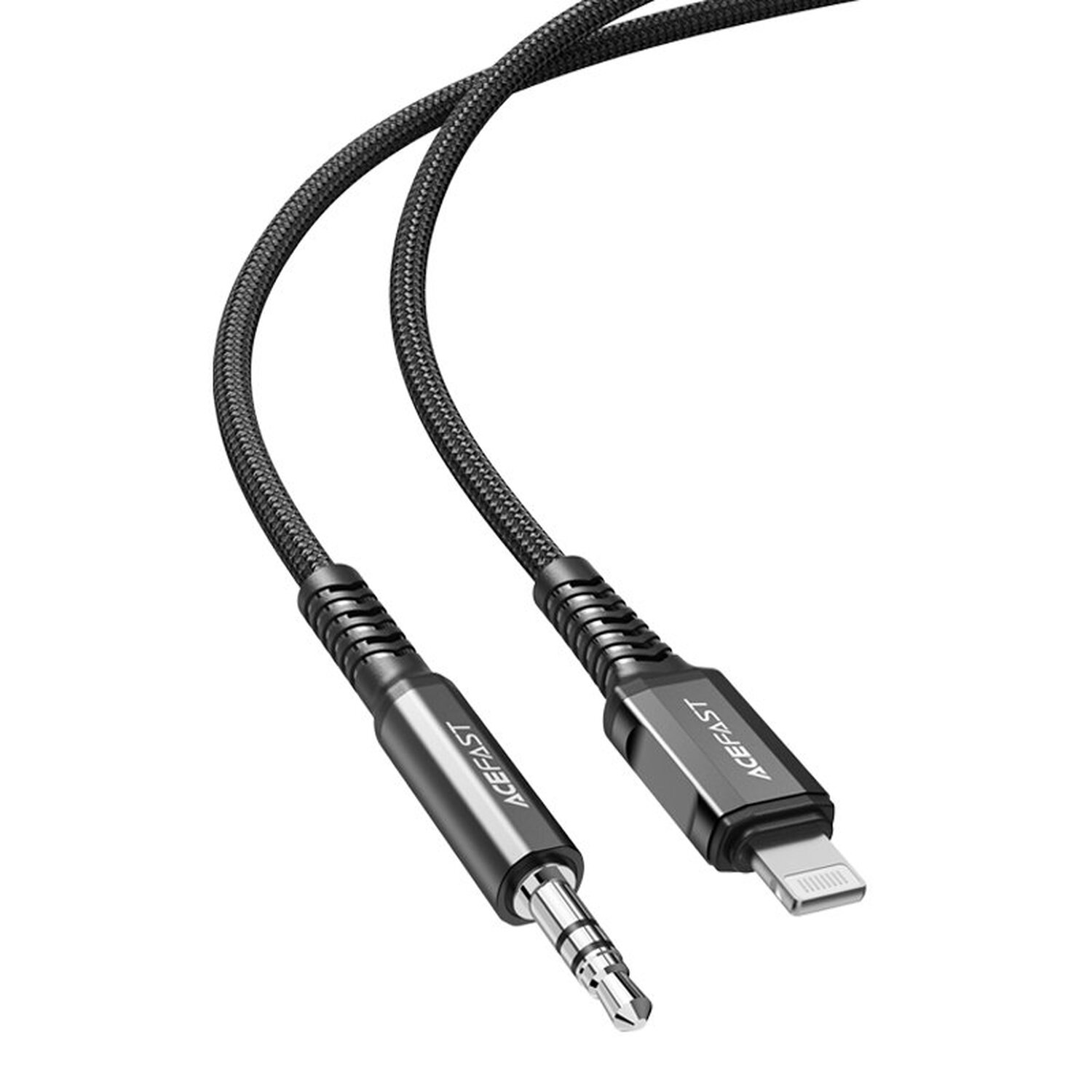 Schwarzes Audiokabel mit 3,5-mm-Klinke und Lightning-Anschluss.