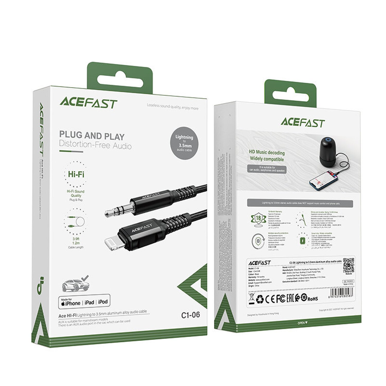 Zwei Kartons mit ACEFAST Audiokabeln. Sie haben weiße und schwarze Verpackungen.