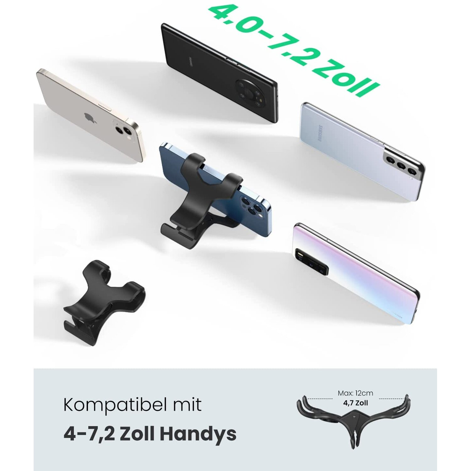 Uchwyty do telefonów z telefonami o różnych rozmiarach. Tekst mówi, że są kompatybilne z telefonami 4-7,2 cala.