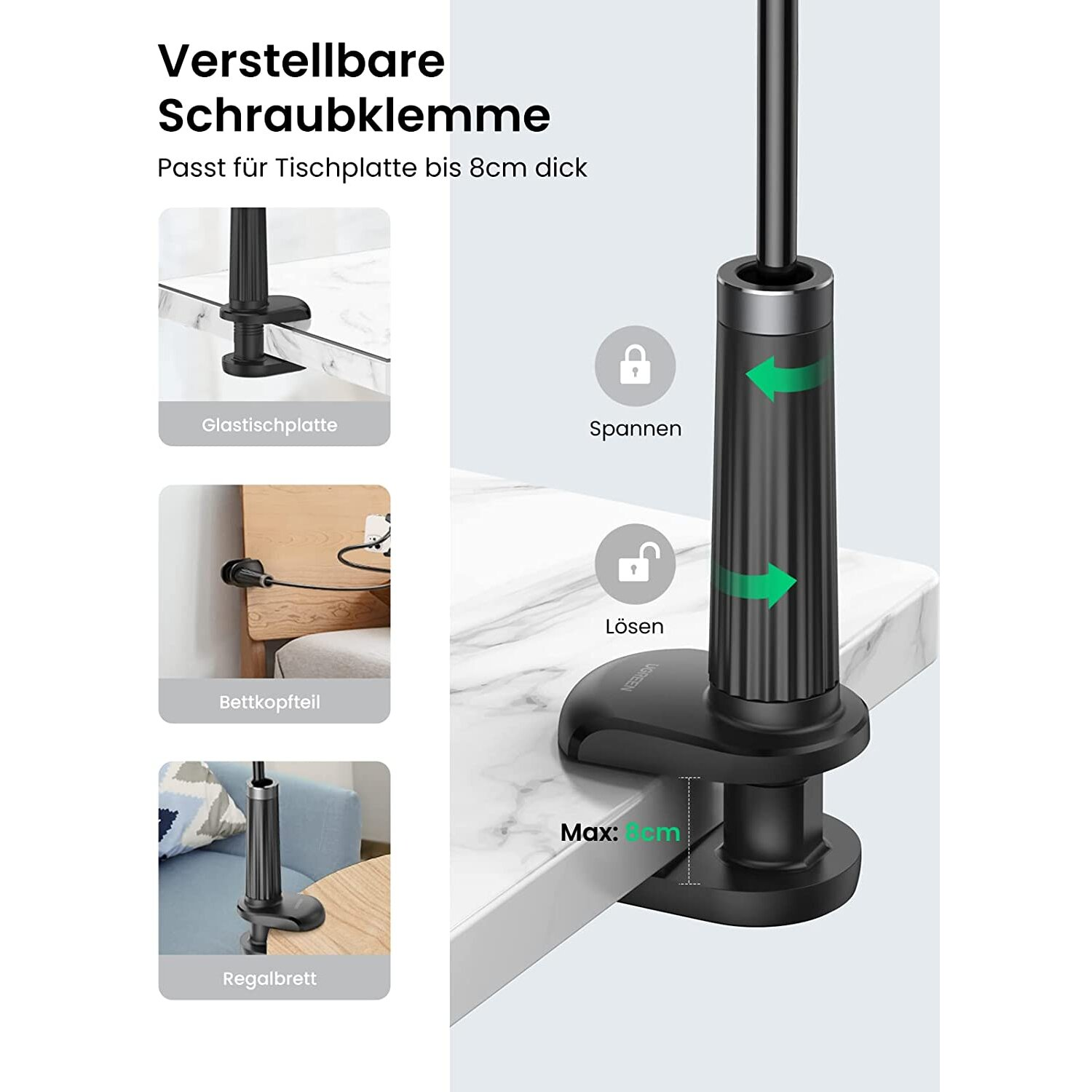 Regulowany zacisk śrubowy do stołów. Czarny zacisk jest pokazany przymocowany do różnych powierzchni. Tekst po niemiecku.