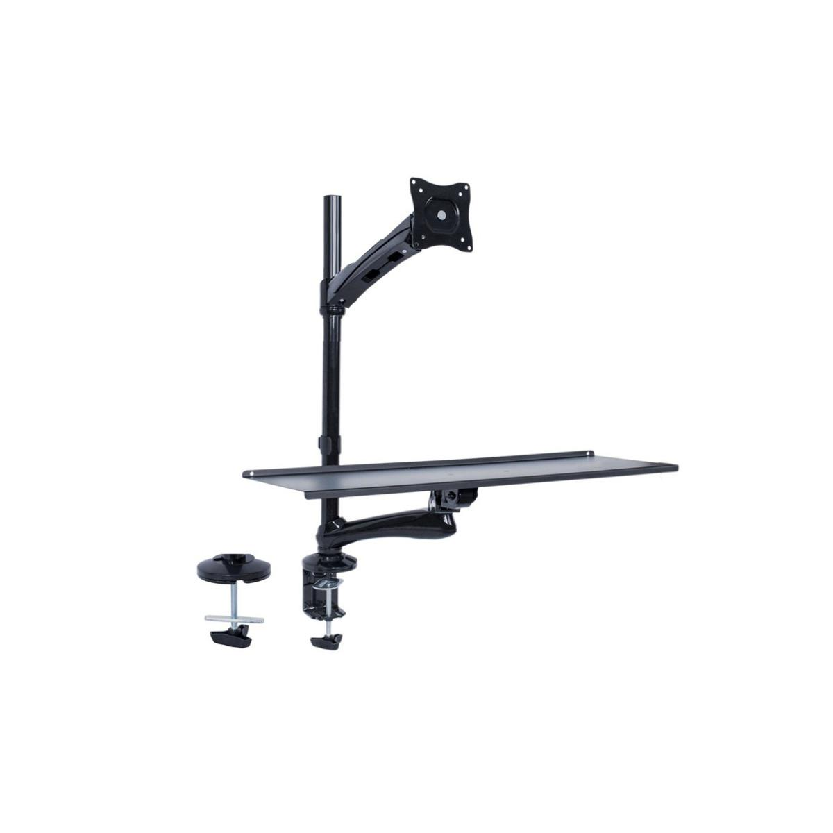 Schwarzer Monitorarm mit Ablage und Klemme.