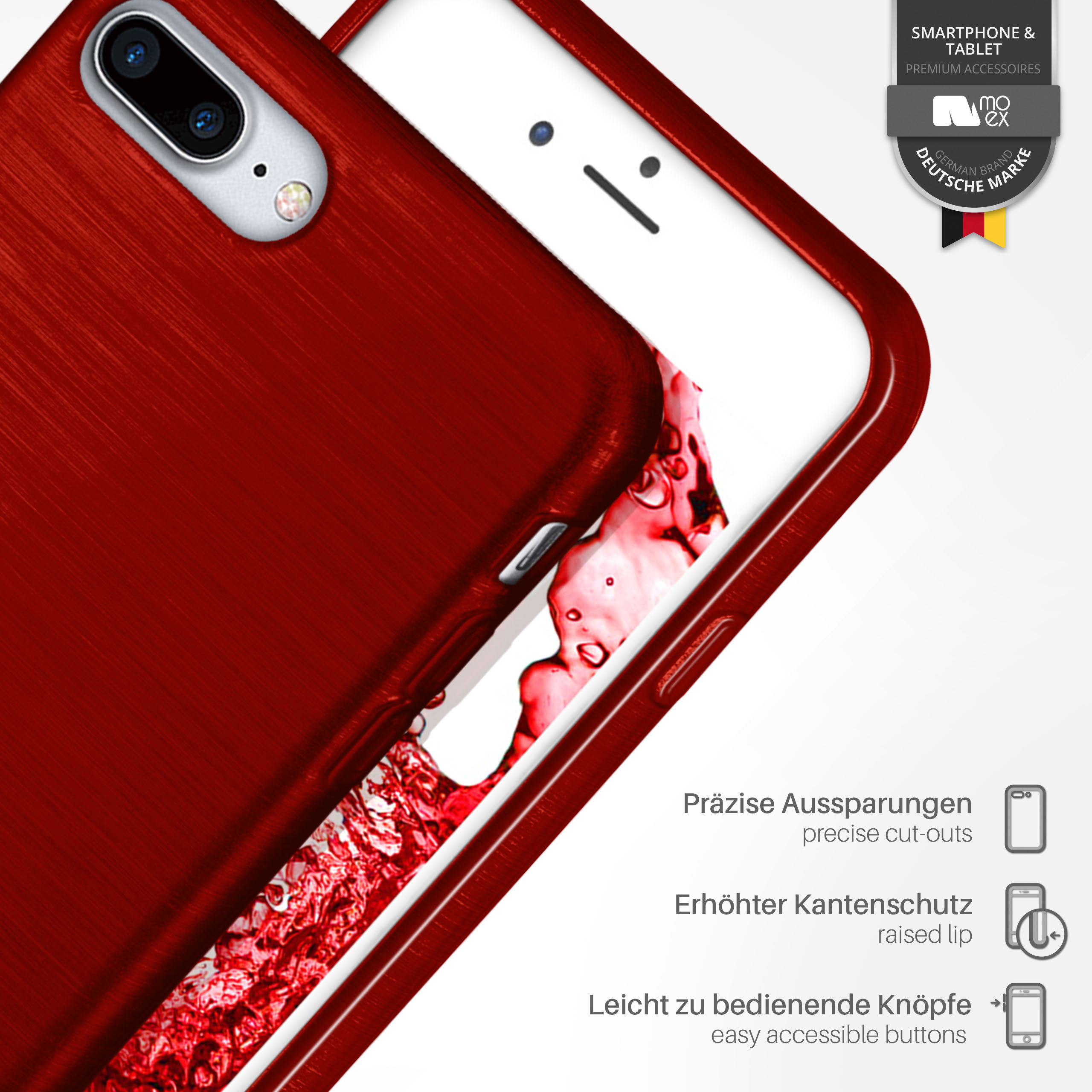 Rote Handyhülle mit metallischer Textur, mit rotem Wasserspritzer und Text.