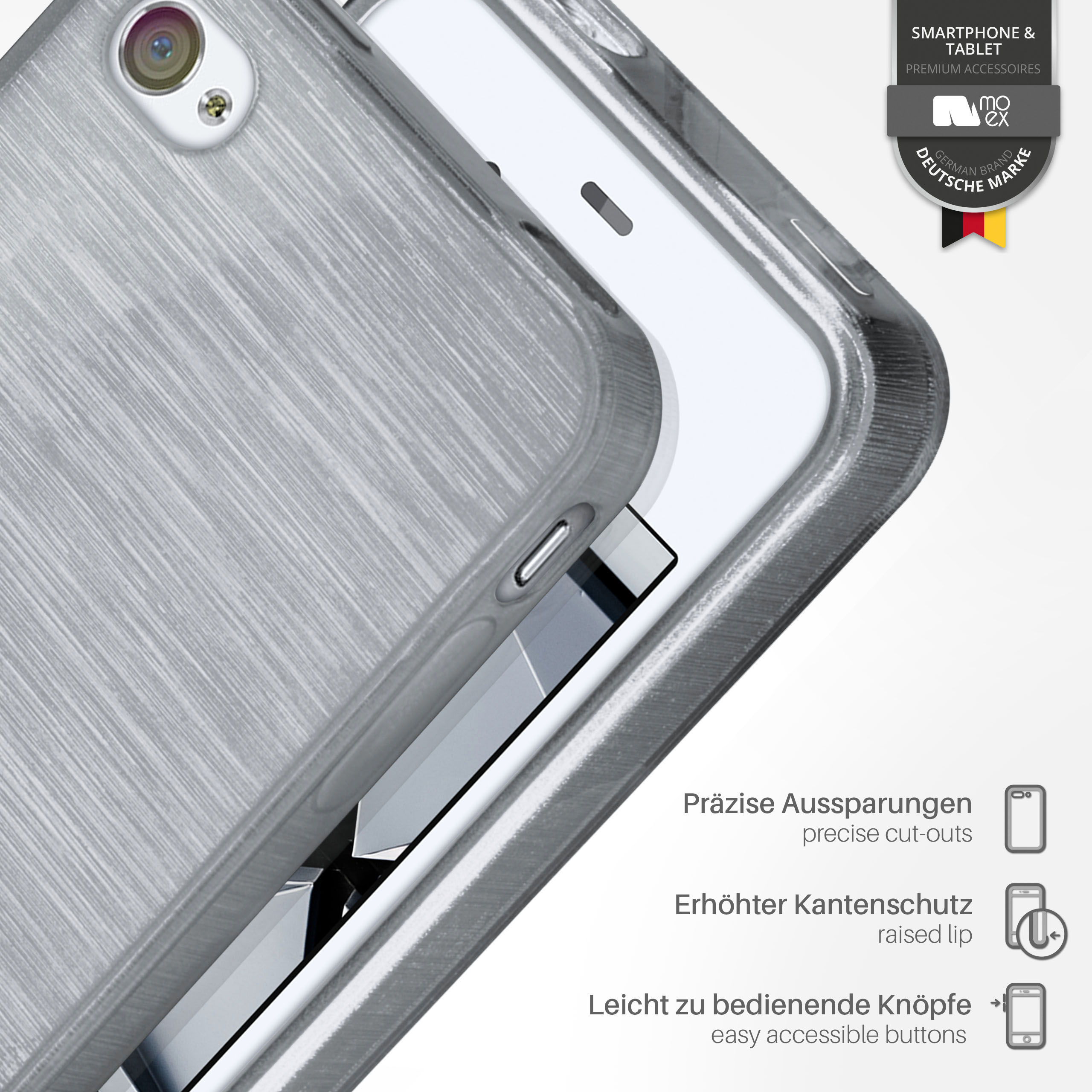Eine silberne Handyhülle auf einem weißen Telefon. Es hat Aussparungen und eine erhöhte Lippe.