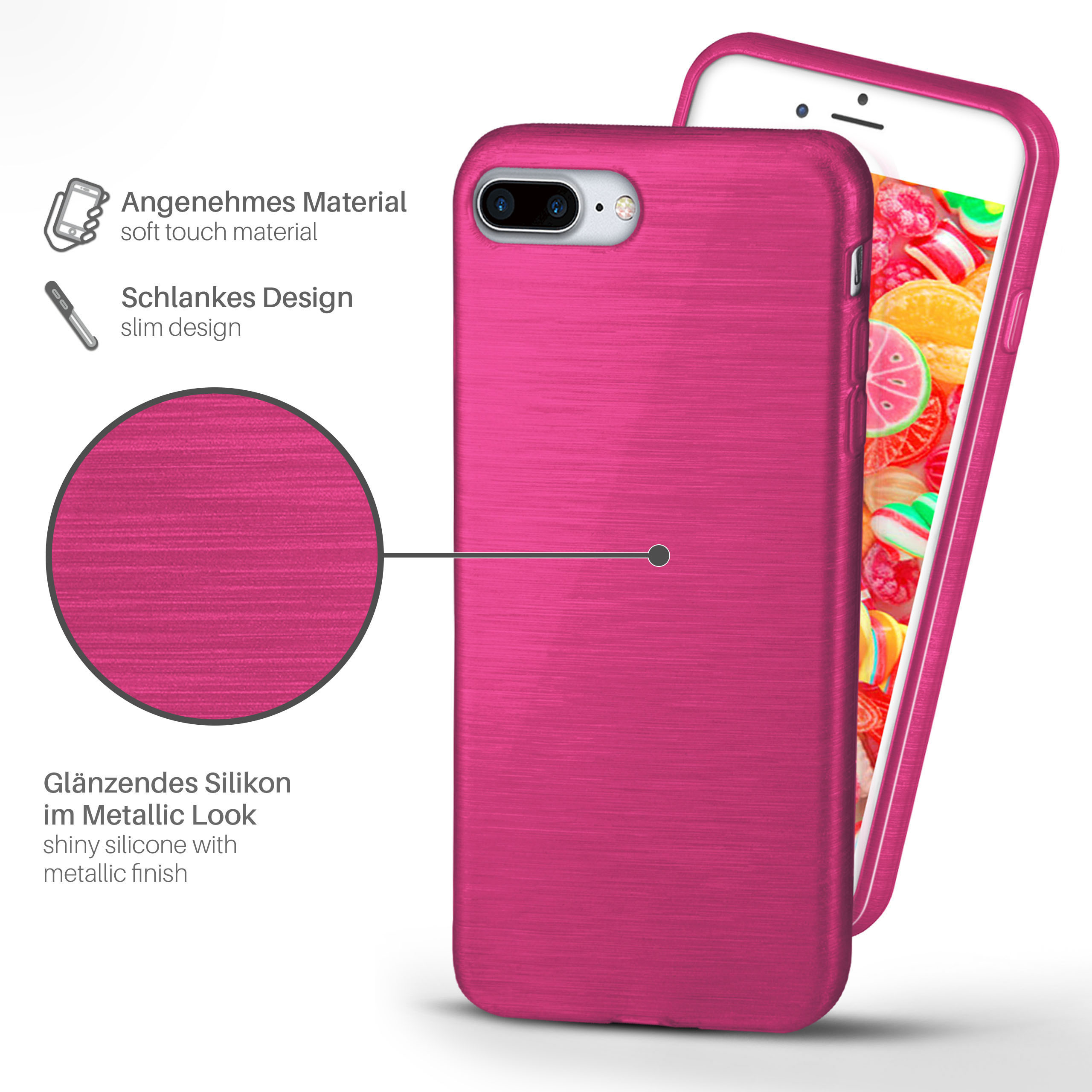 Rosa Handyhülle mit strukturierter Metallic-Optik und Handy.