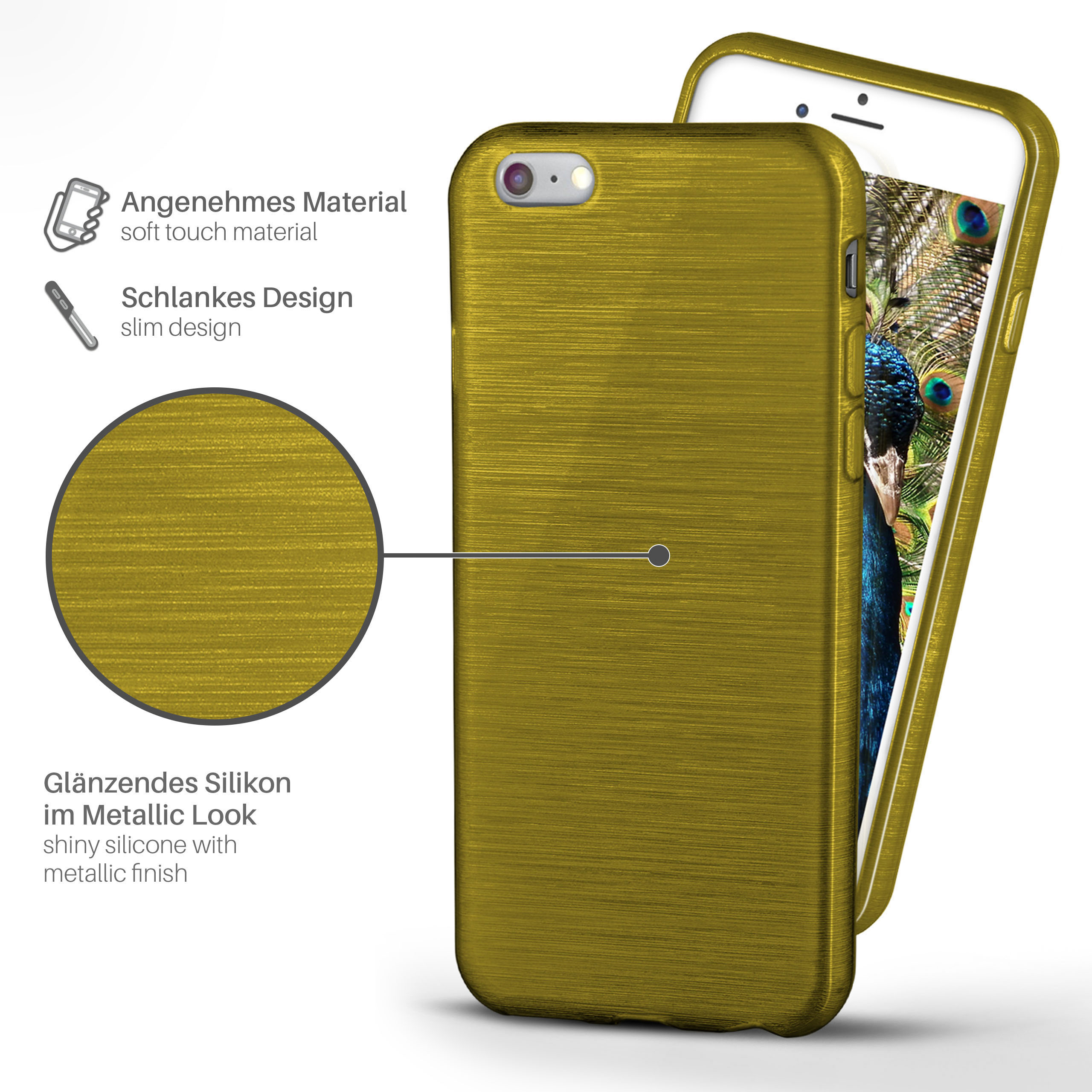 Goldenes Handycase mit Telefon. Texte erwähnen weiches Material, schlankes Design und Metallic-Finish.