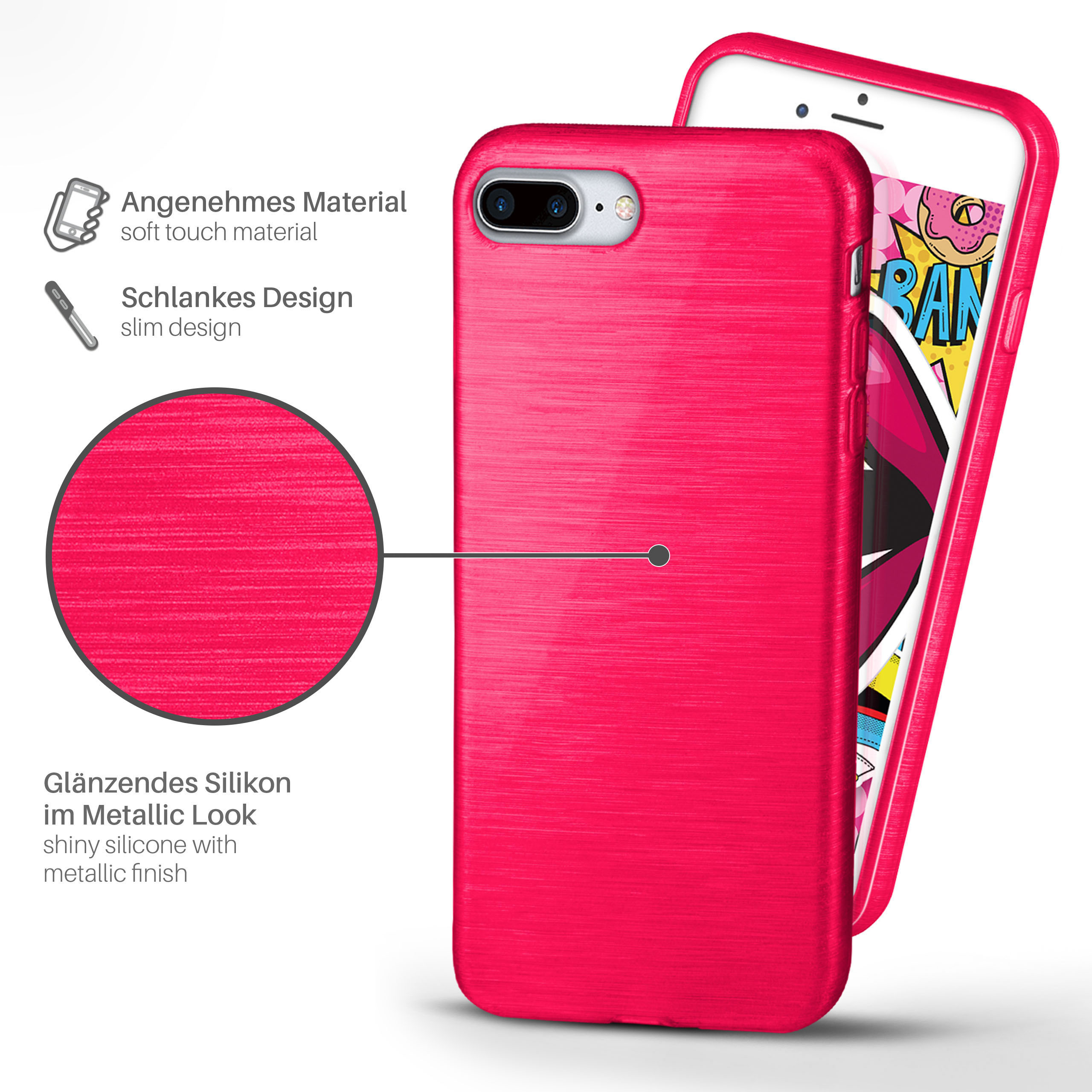 Pinke Handyhülle mit Metallic-Finish und Handy darin.