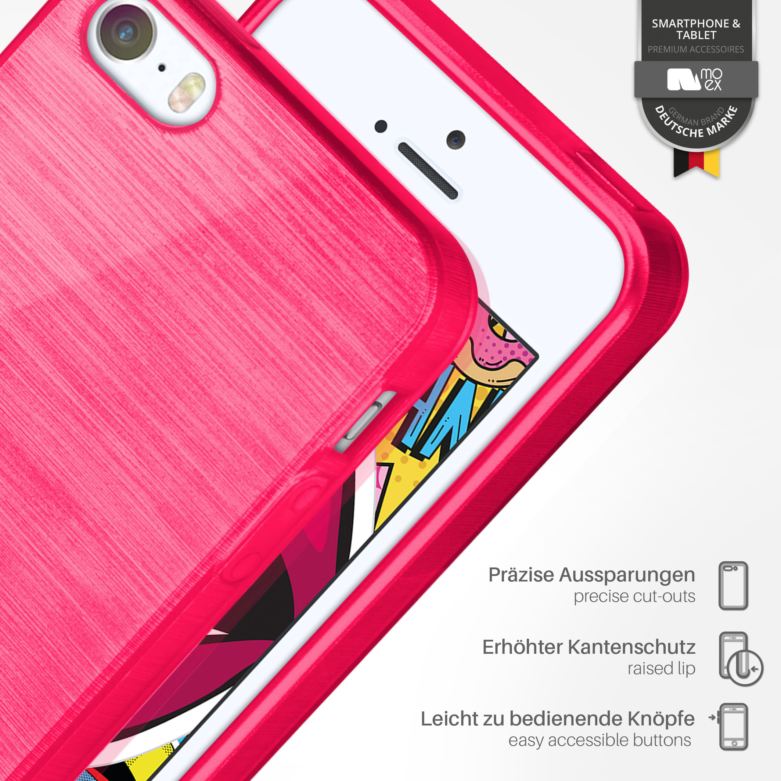 Eine pinkfarbene Handyhülle mit Aussparungen, erhöhtem Rand und leicht zugänglichen Knöpfen. Ein Telefon ist darin.
