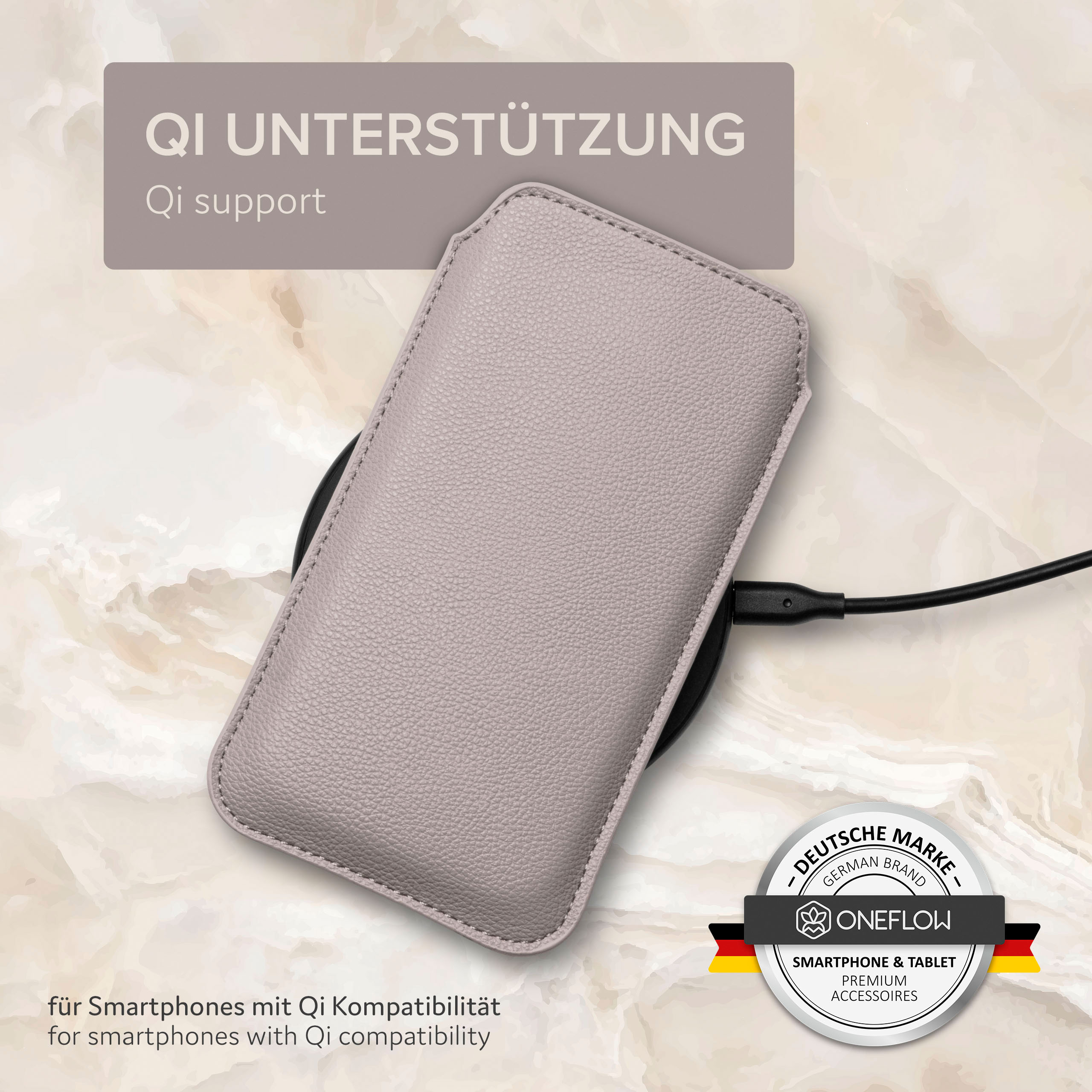 Eine hellgraue Handyhülle auf einem kabellosen Ladegerät mit Qi-Support-Branding.