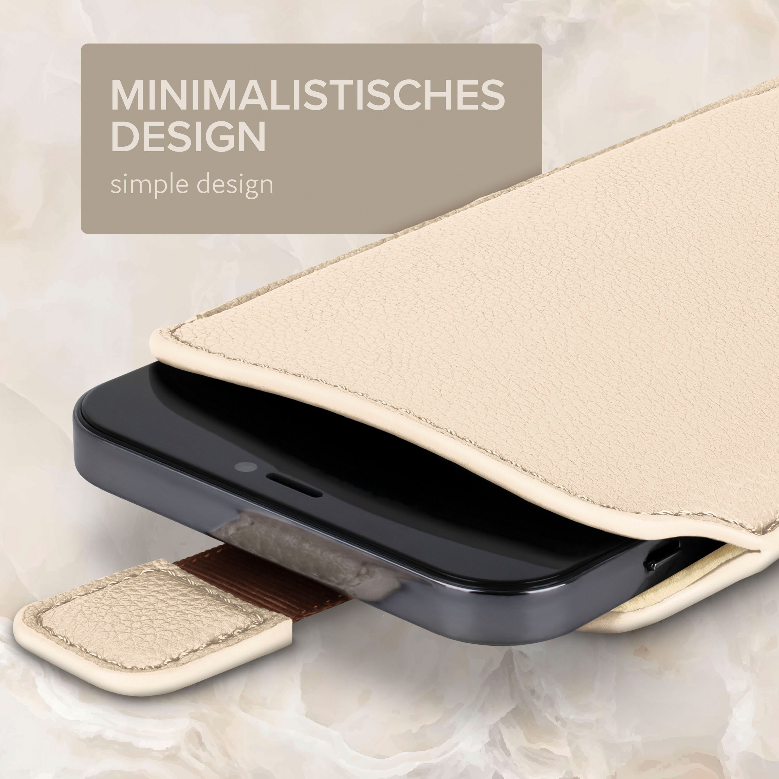 Beige Handyhülle mit teilweise darin befindlichem Telefon. Text: Minimalistisches Design.