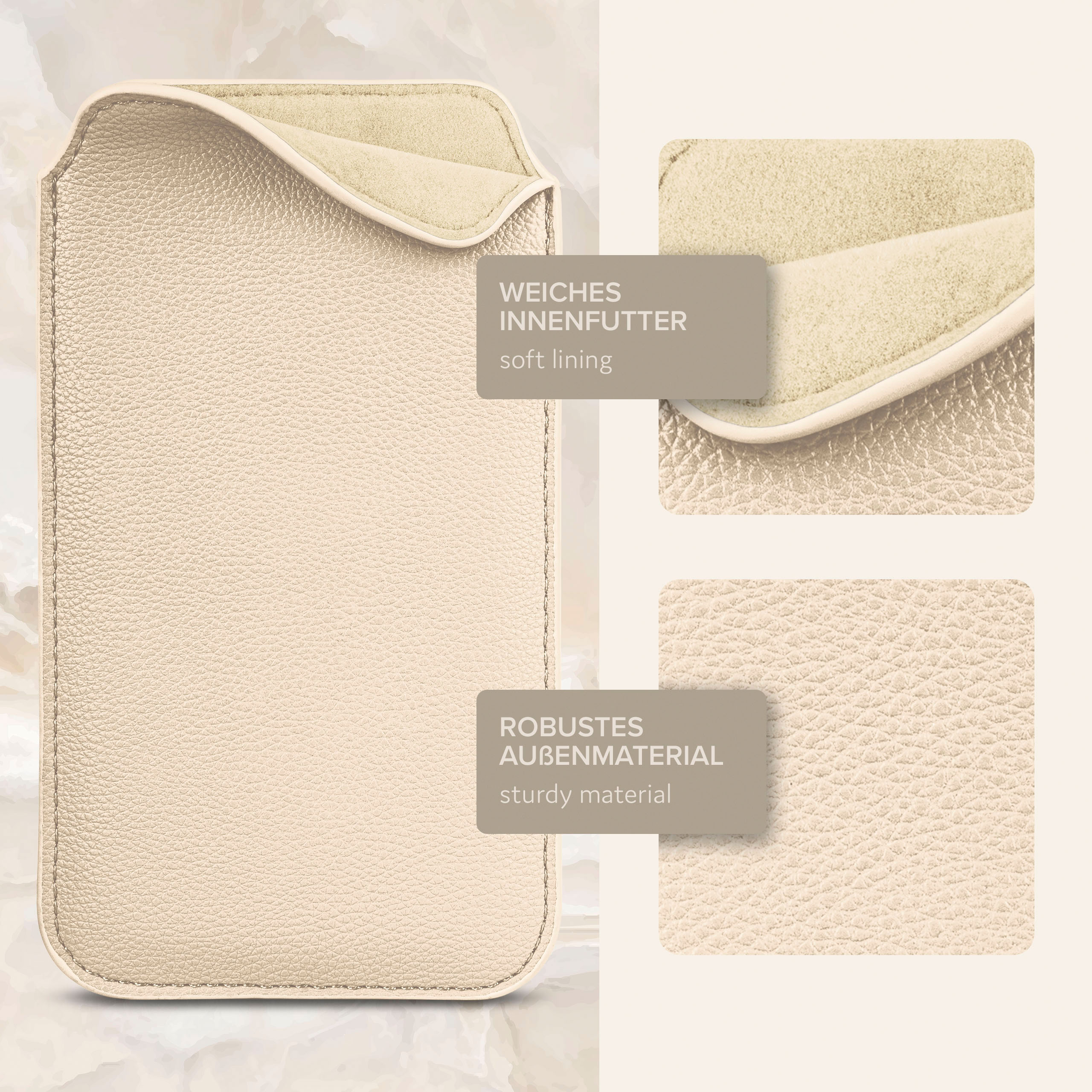 Eine cremefarbene Handyhülle mit weichem Futter und robustem Material. Nahaufnahmen zeigen die Texturen.