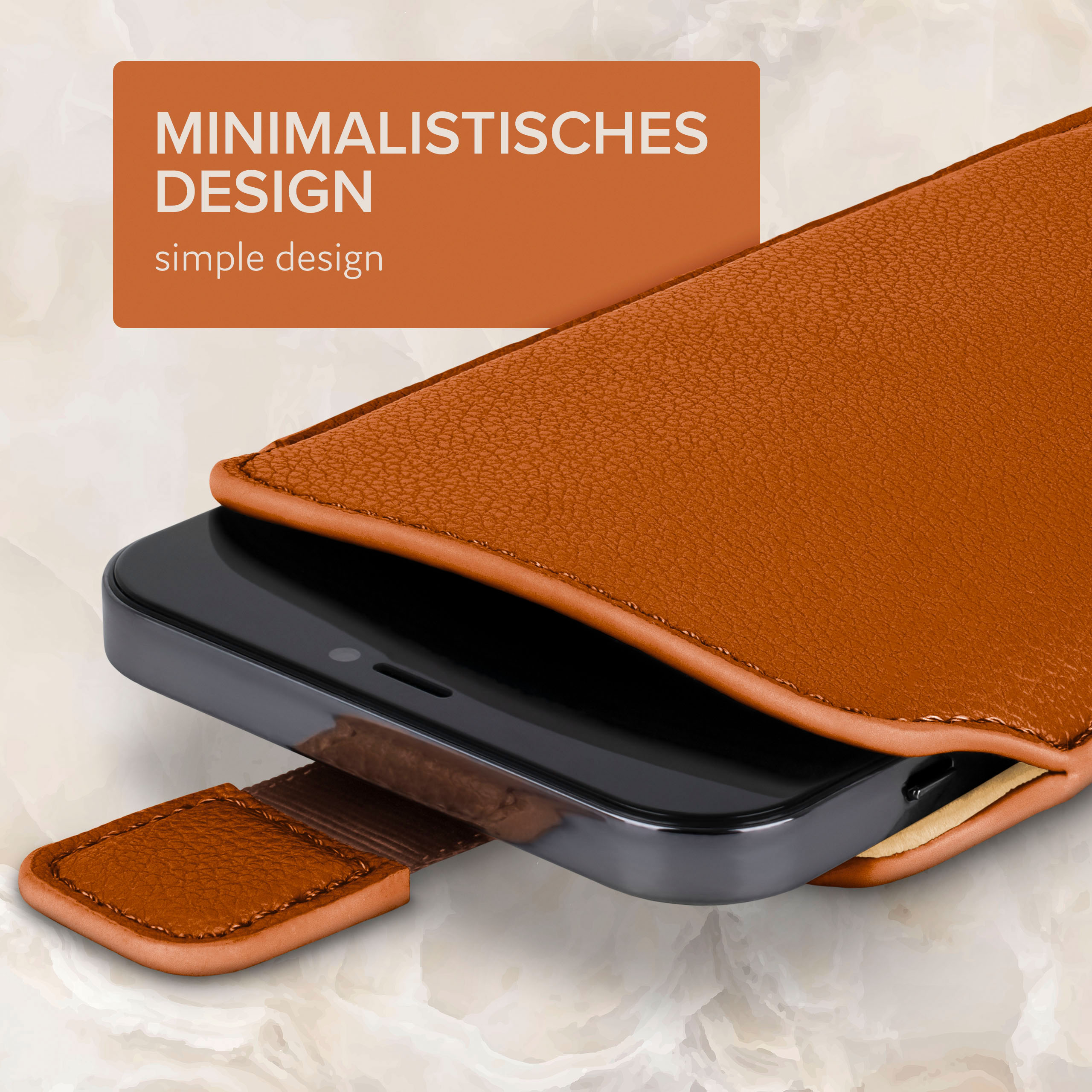 Telefon in orangefarbener Hülle. Text: Minimalistisches Design. Die Hülle hat einen Verschluss.