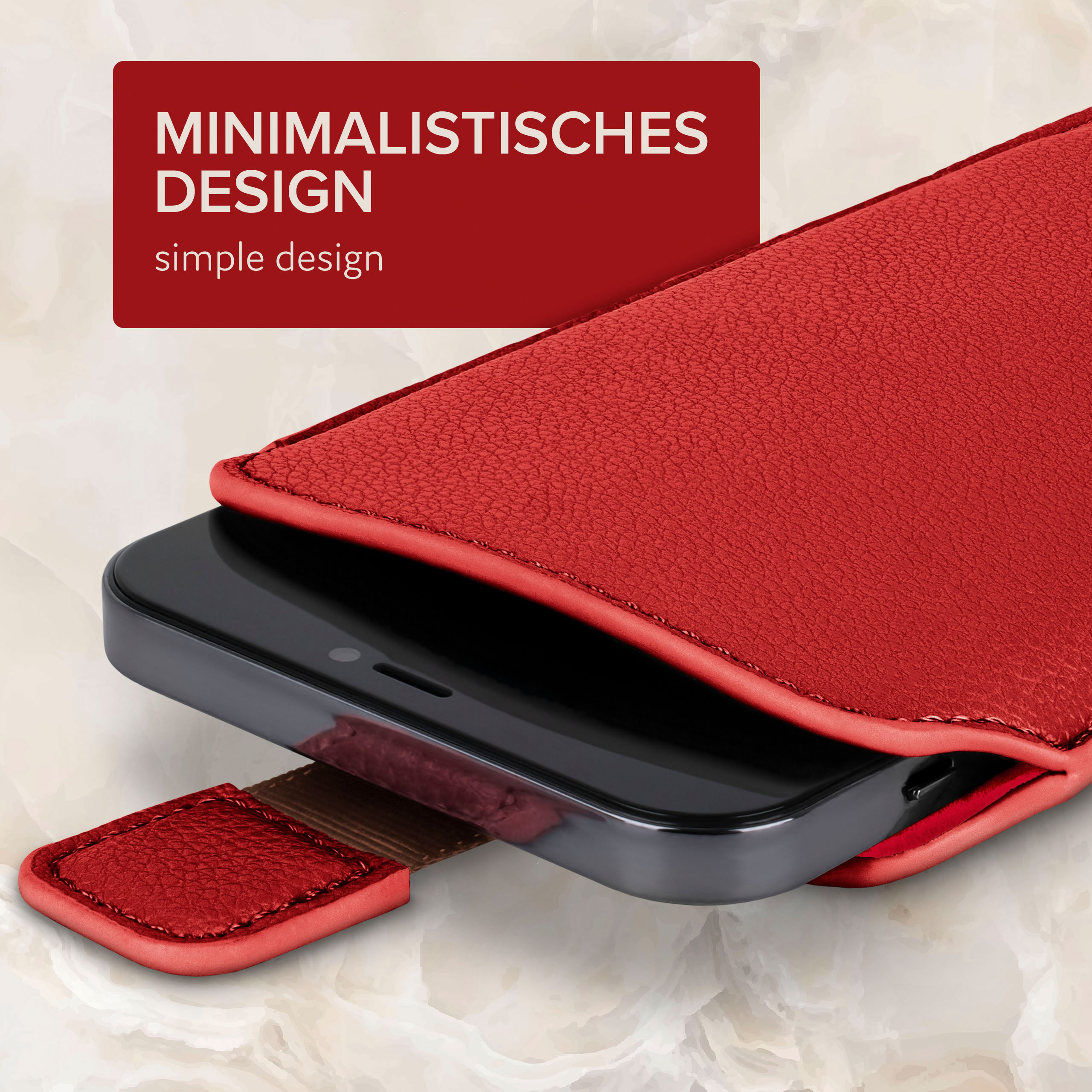 Rote Leder-Handyhülle mit minimalistischem Design. Telefon teilweise eingesetzt, brauner Zugriemen sichtbar.