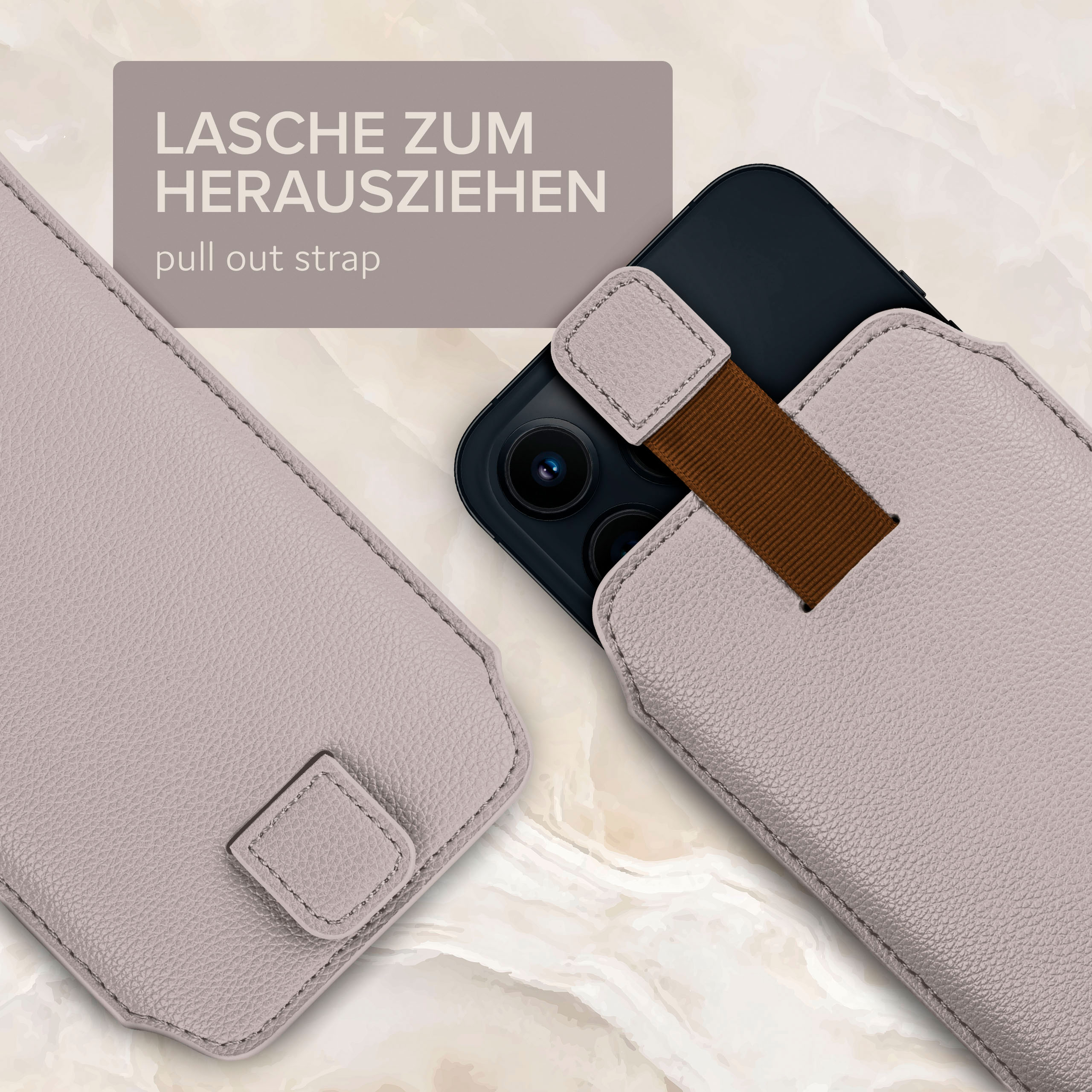 Telefon mit Ausziehlasche in hellgrauem Case, auf Marmoroberfläche.