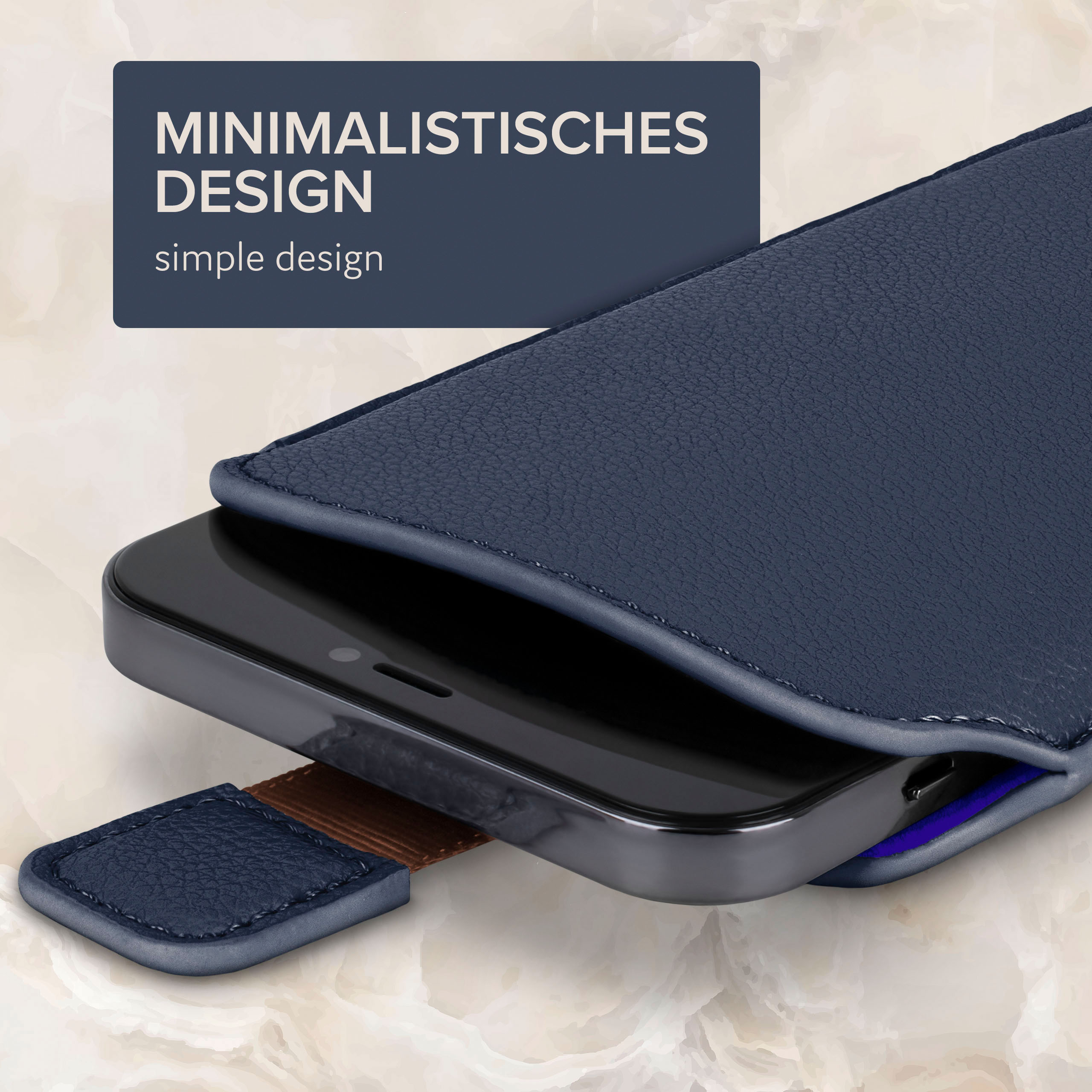 Eine marineblaue Handyhülle wird mit dem teilweise eingelegten Telefon gezeigt. Text sagt 'minimalistisches Design'.