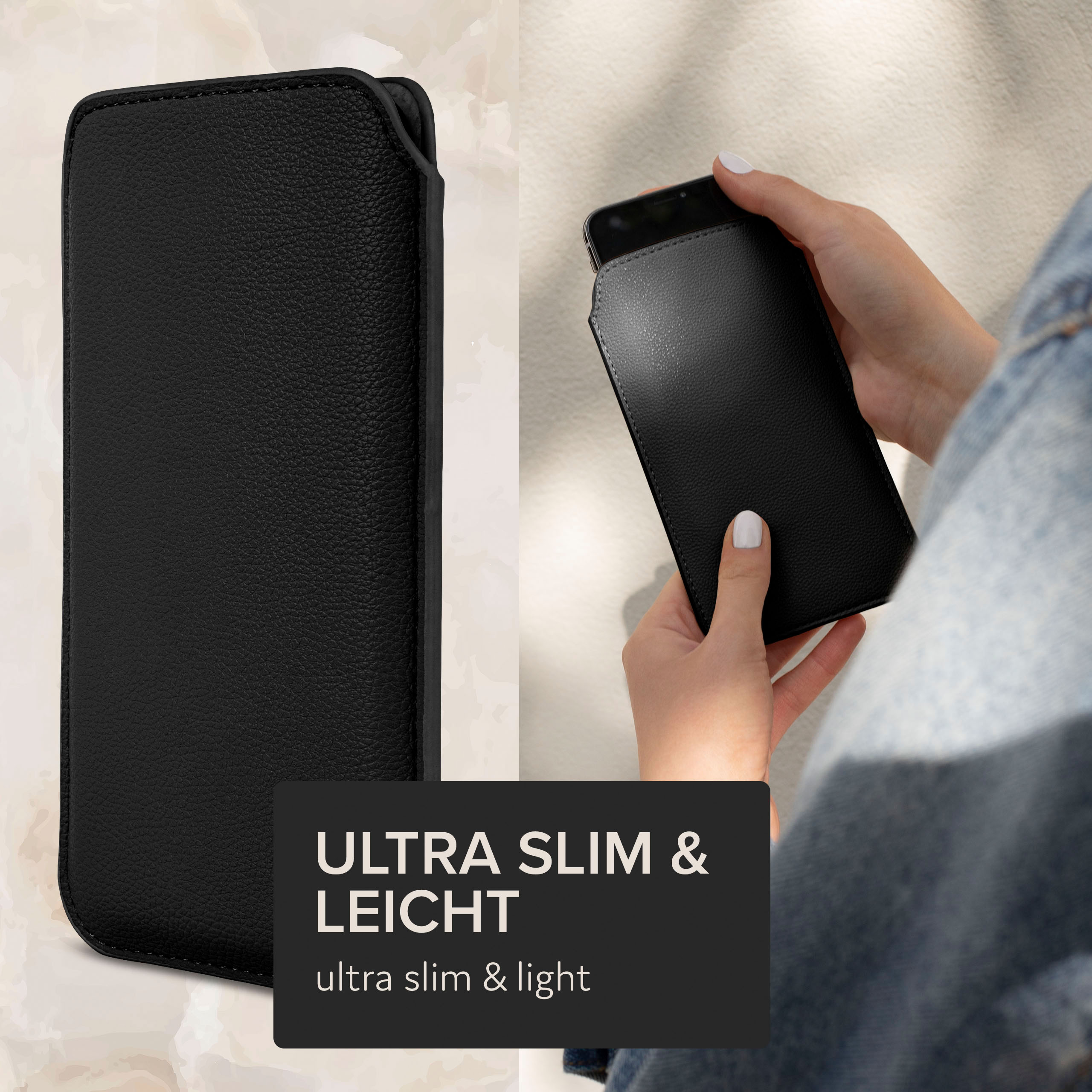 Schwarzes Telefoncase, mit Telefon darin, gehalten von einer Person. Ultra schlankes Design.