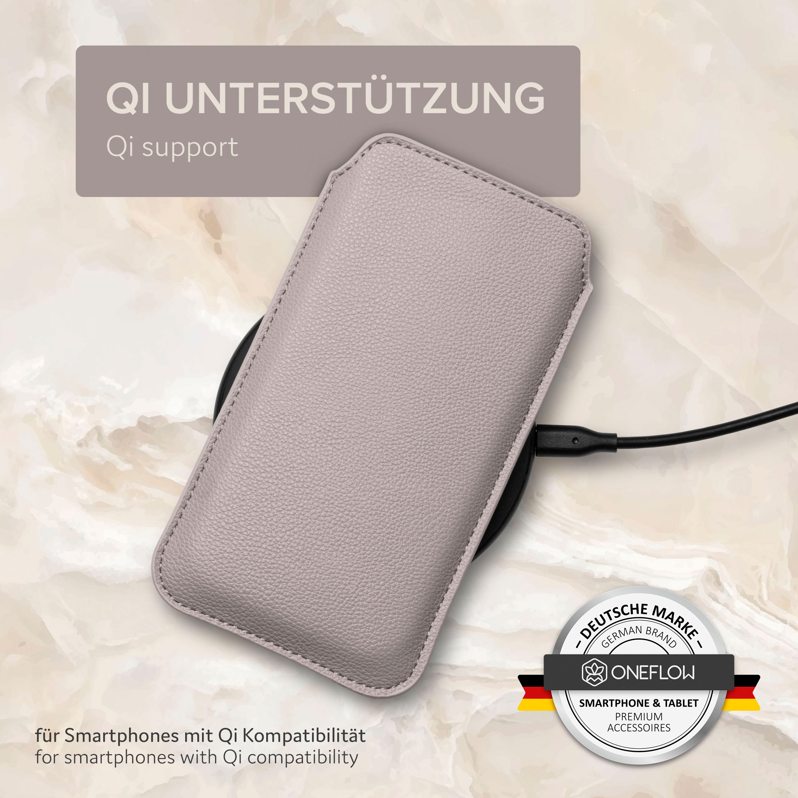Hellgraue Handyhülle auf kabellosem Ladegerät. Text: Qi-Unterstützung, für Smartphones mit Qi.