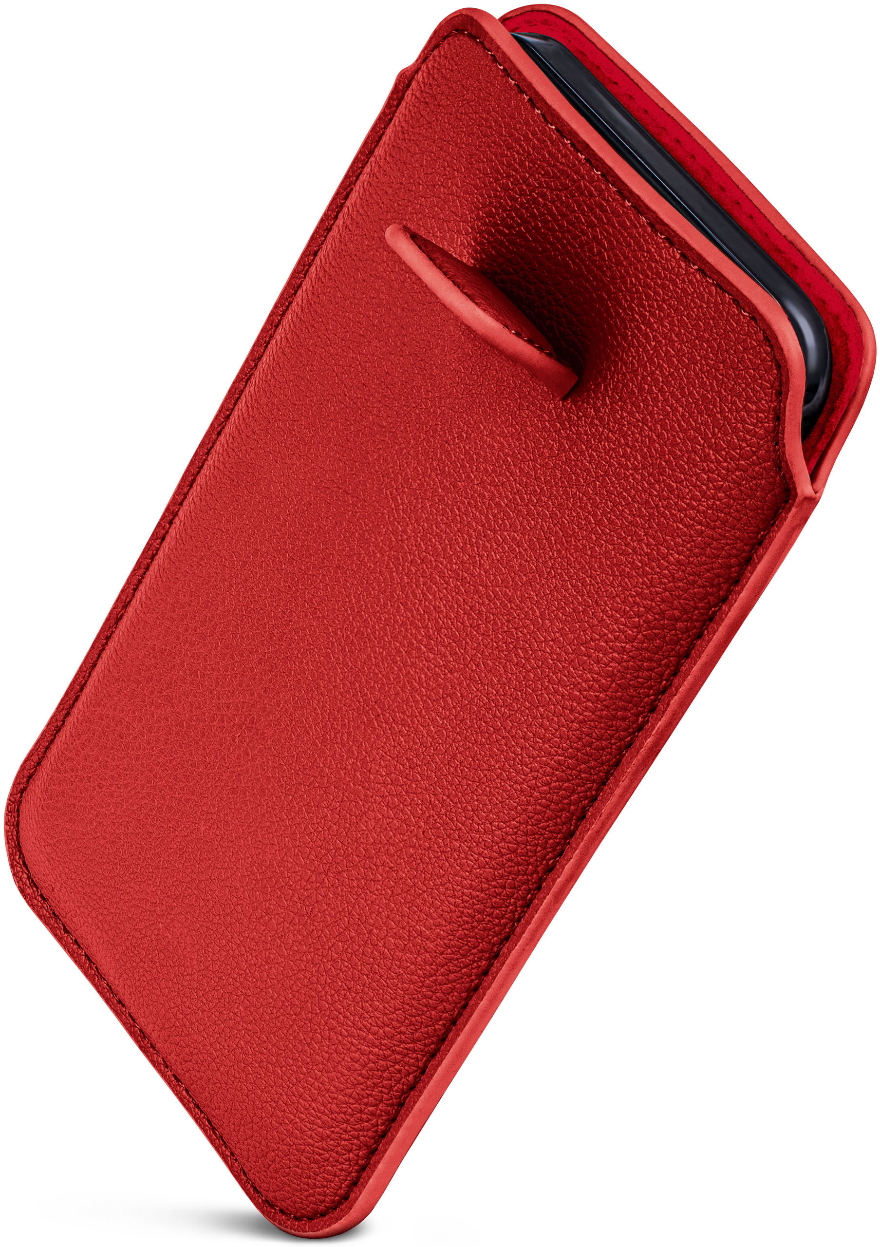 Rote Leder-Handyhülle. Telefon darin. Schlaufe oben.