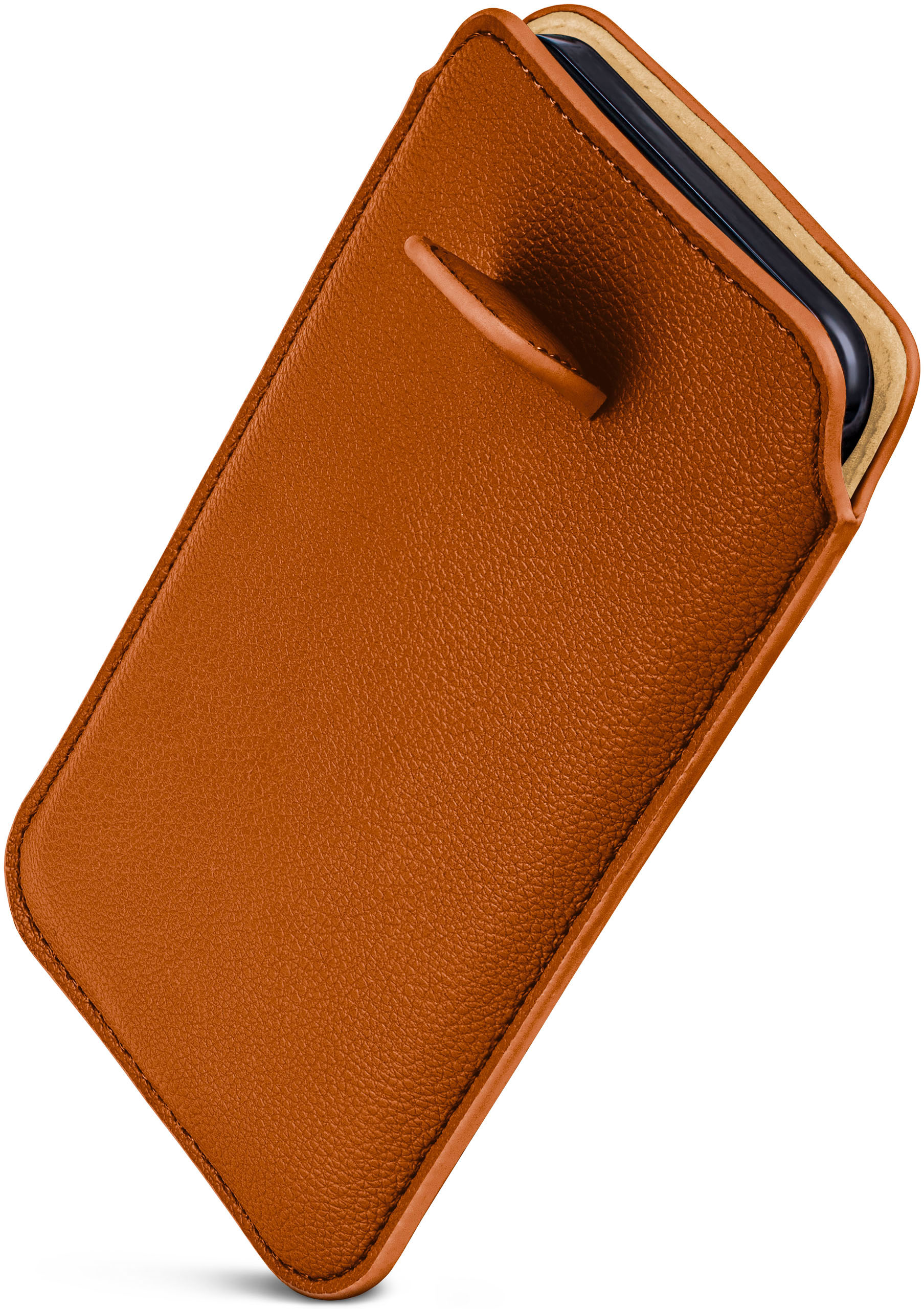 Orange Leder-Handyhülle mit genähten Kanten. Telefon ist teilweise sichtbar.