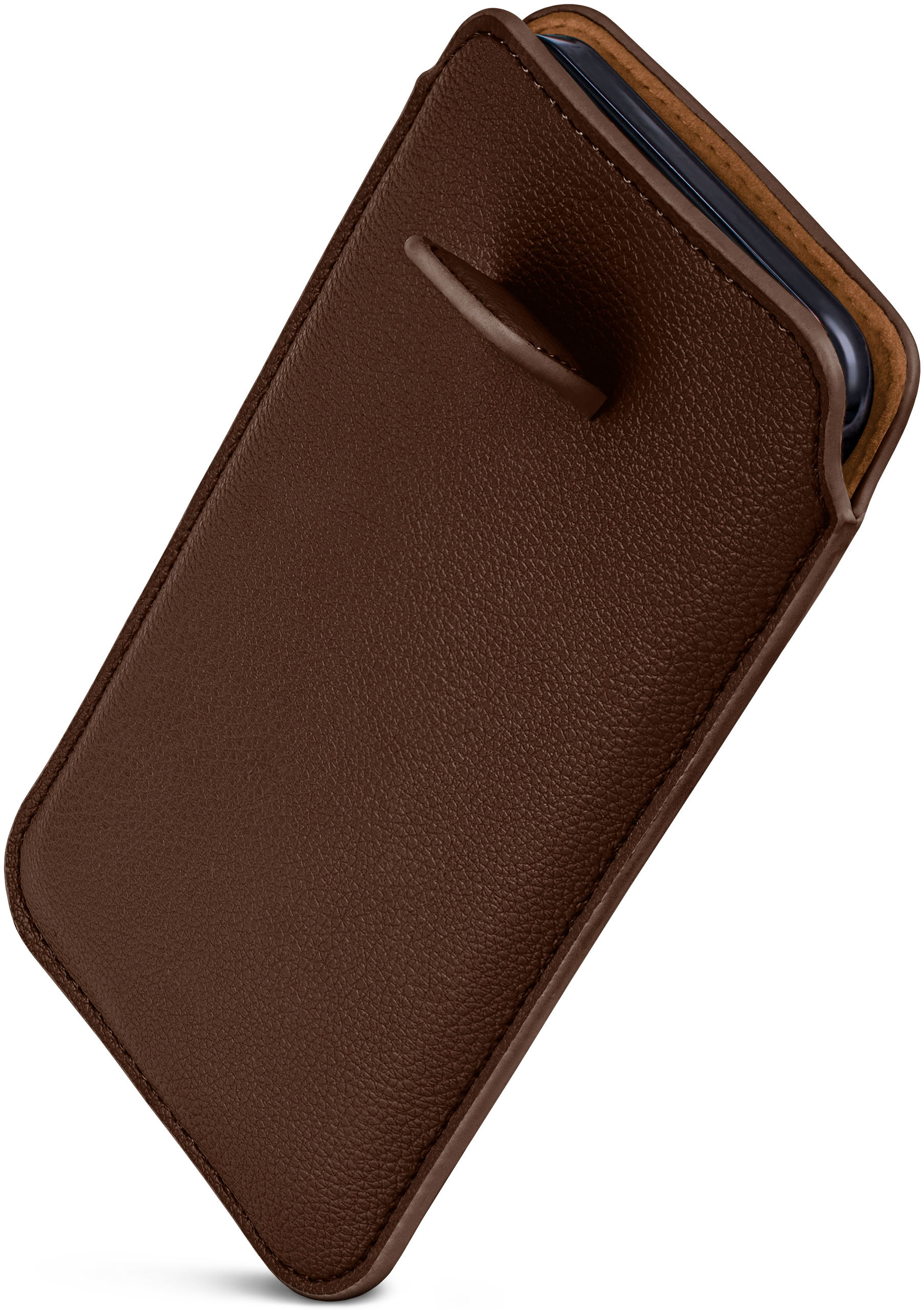 Eine braune Leder-Telefonschutzhülle mit Zuglasche. Das Telefon ist teilweise sichtbar.