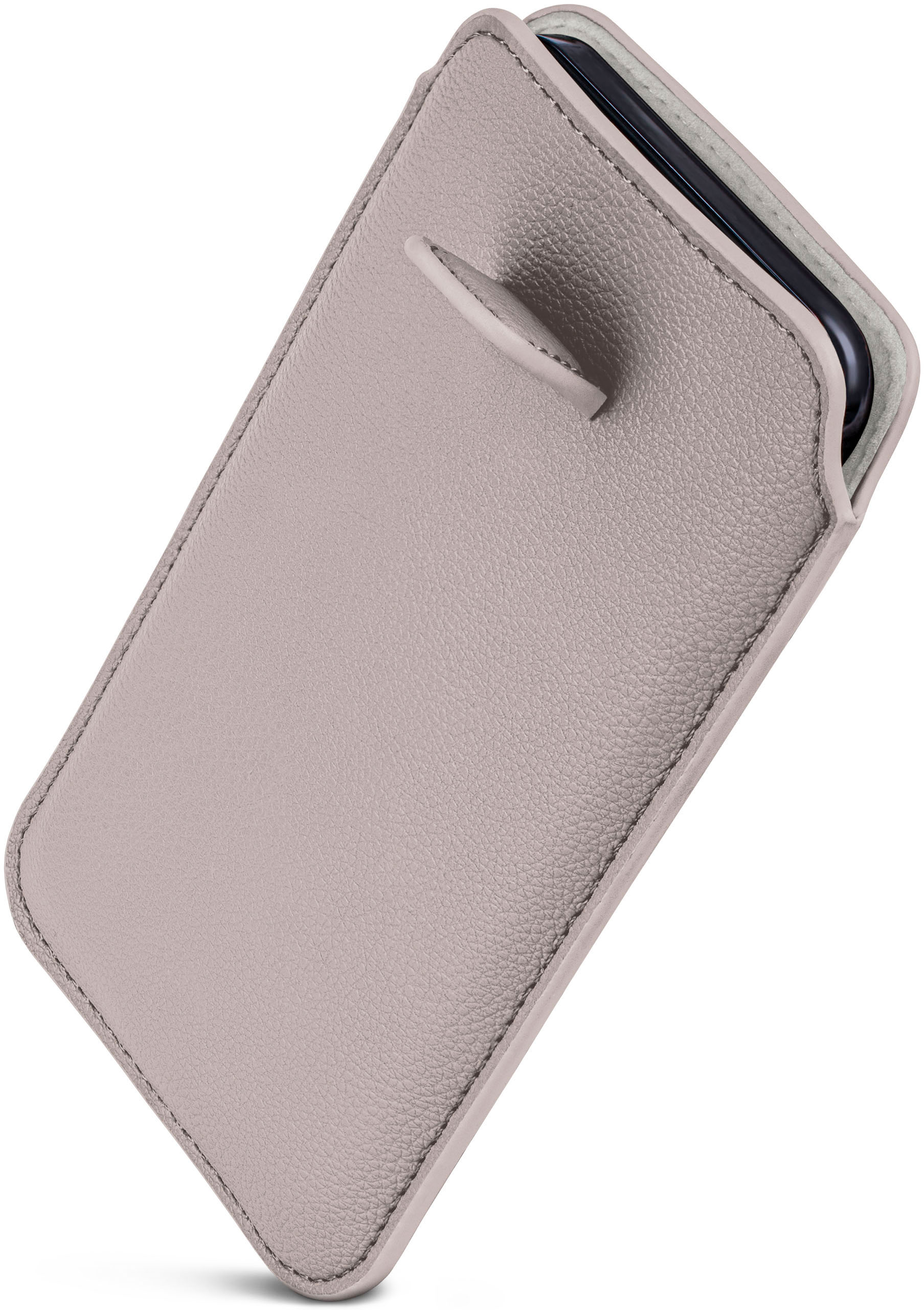 Graue Leder-Handyhülle mit genähten Kanten. Telefon ist teilweise sichtbar.
