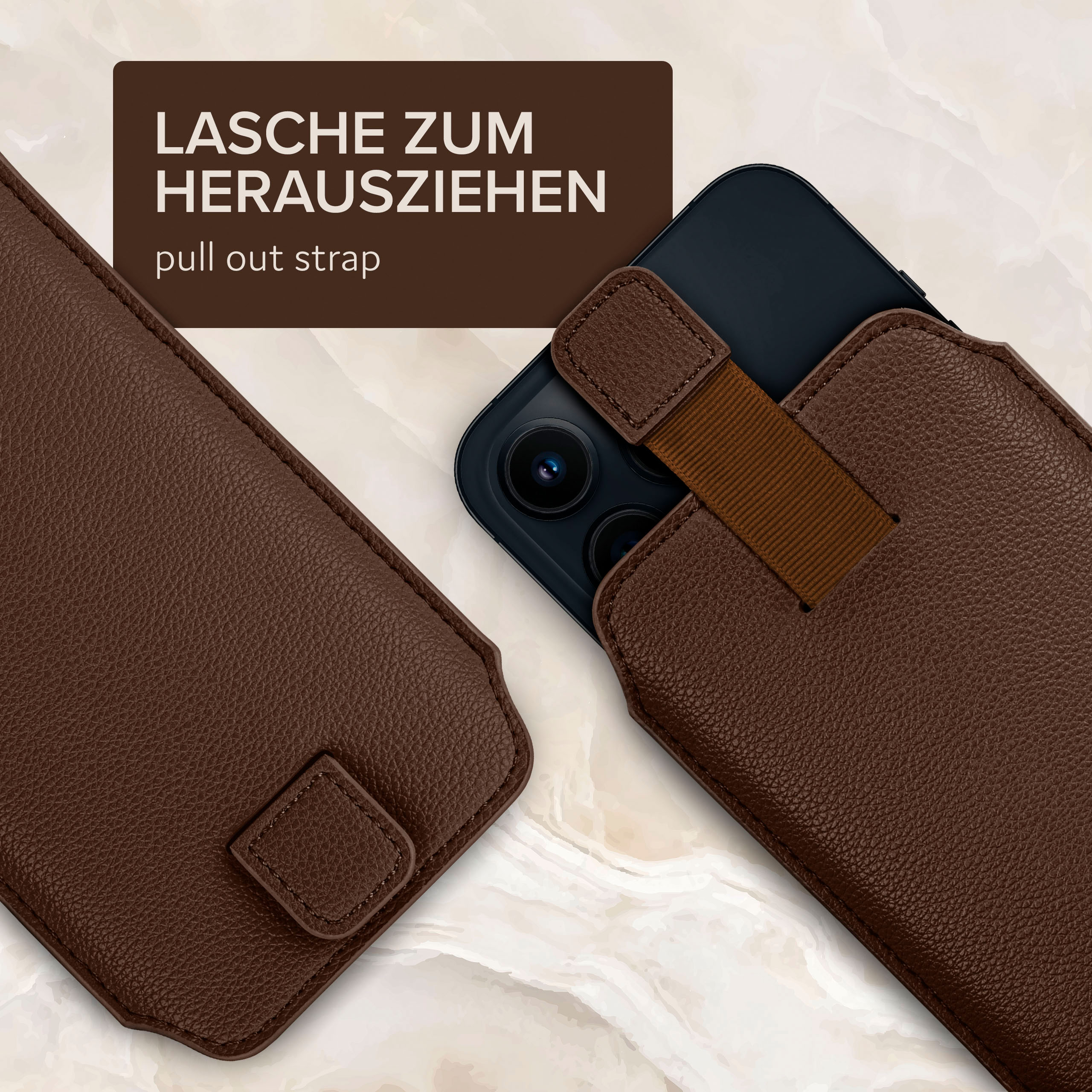 Braune Handyhülle mit Telefon, mit herausziehbarem Band sichtbar.