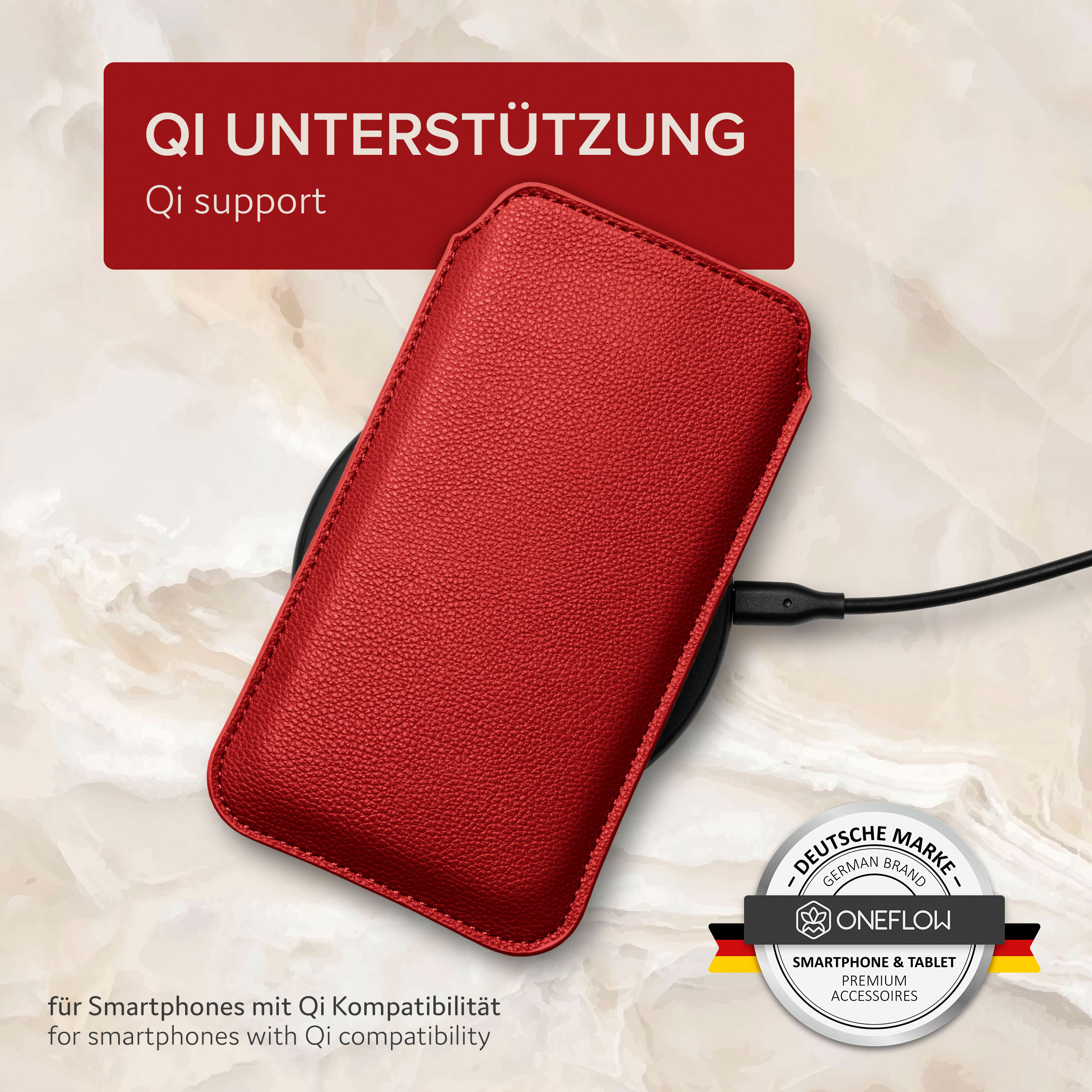 Rotes Telefon in roter Lederhülle, das auf einem kabellosen Ladegerät lädt. Text.