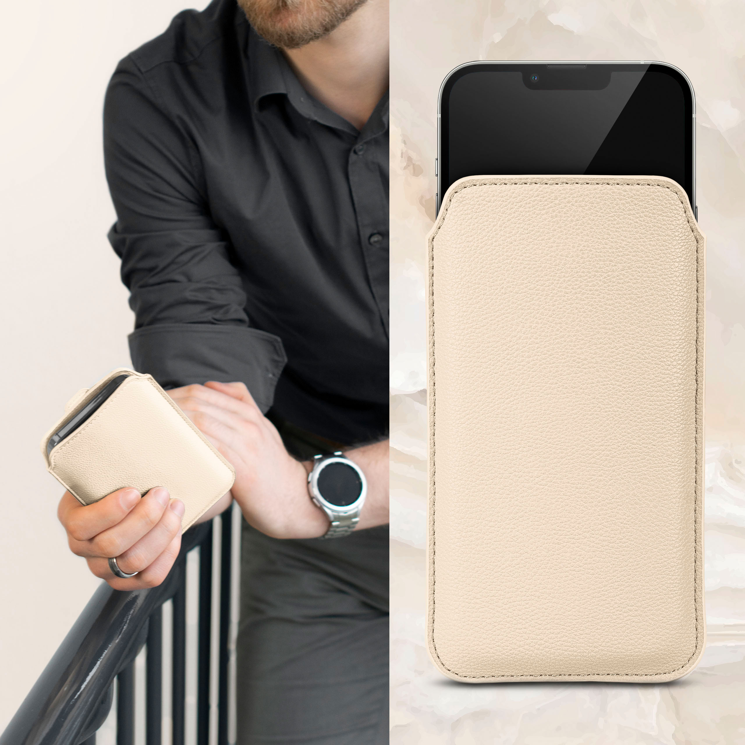 Mann hält beiges Handycase neben einem Telefon in ähnlichem Case. Hintergrund marmoriert.