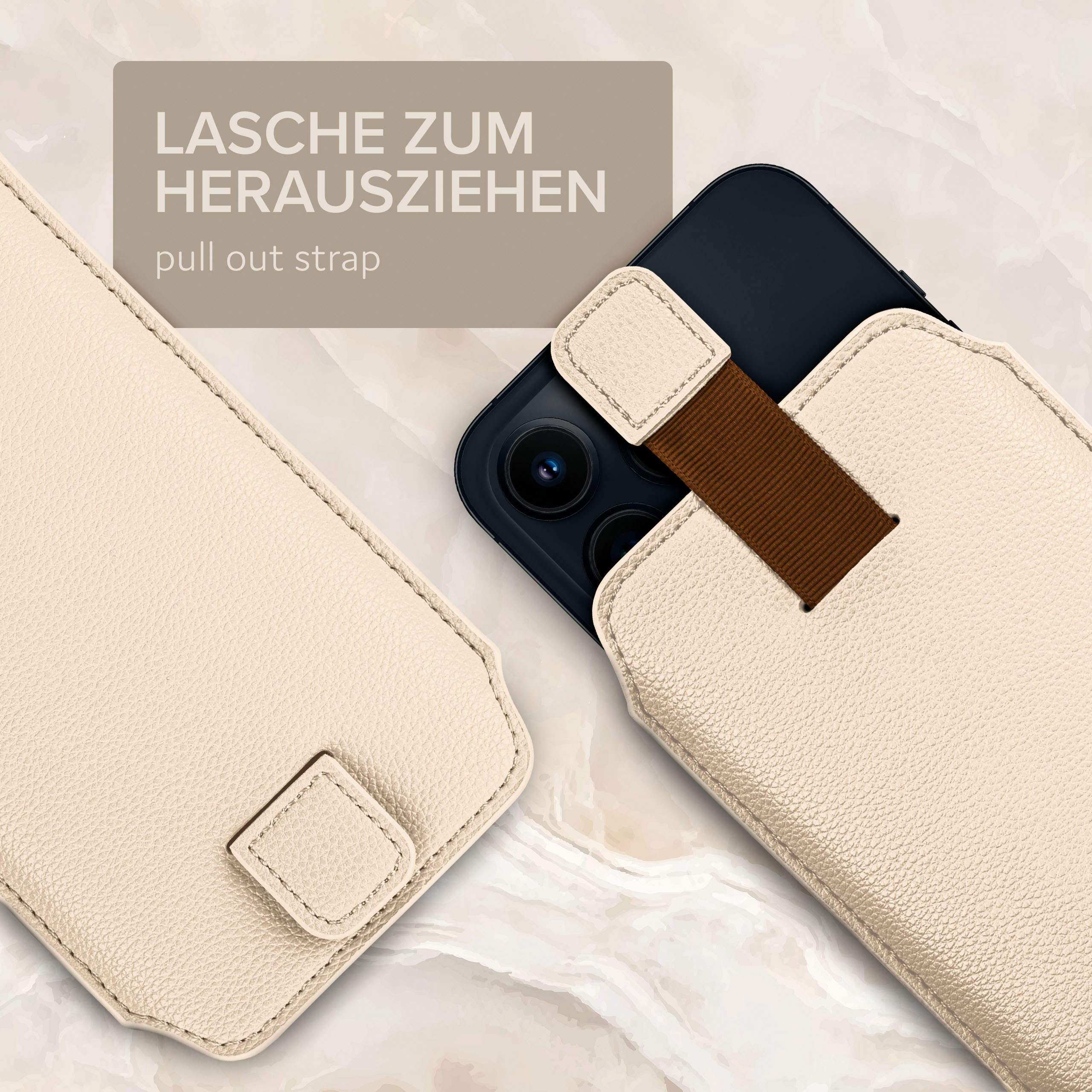 Eine beige Handyhülle mit einem Telefon darin und einem herausziehbaren Riemen wird im Detail gezeigt.