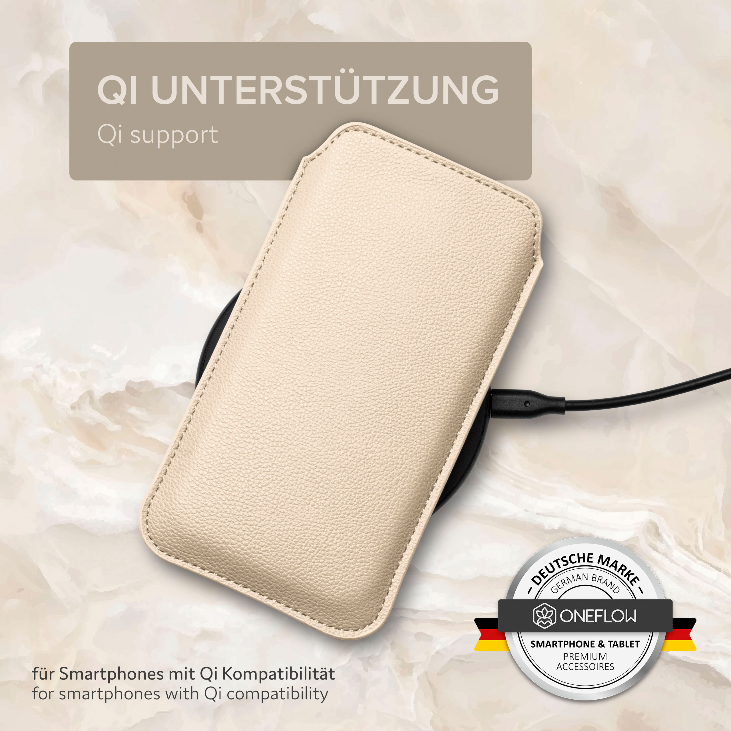 Cremefarbene Leder-Handyhülle auf kabellosem Ladegerät. Text 'Qi-Unterstützung'. Markenlogo ist sichtbar.