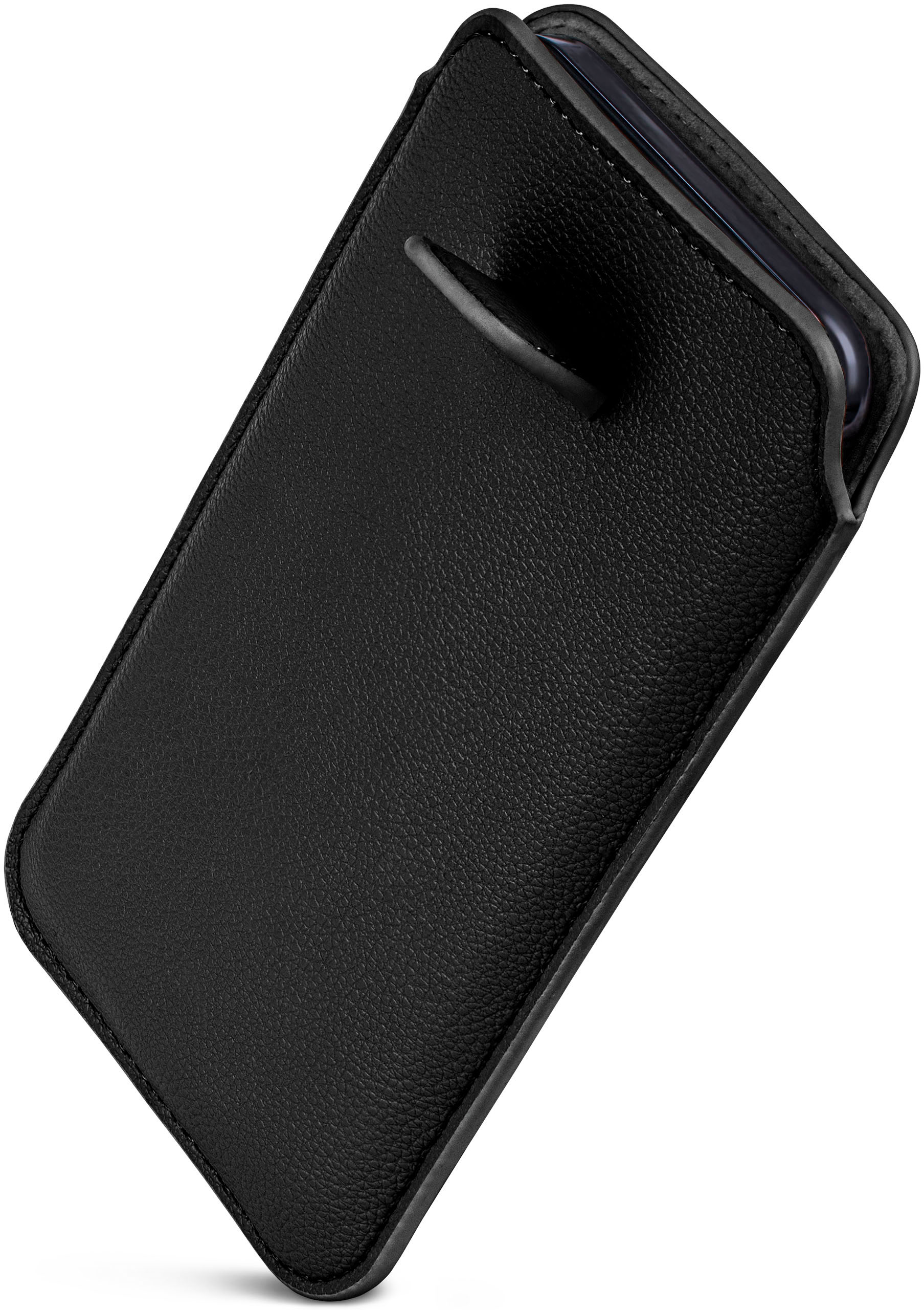 Schwarze Leder-Handyhülle, Telefon sichtbar. Angesicht.