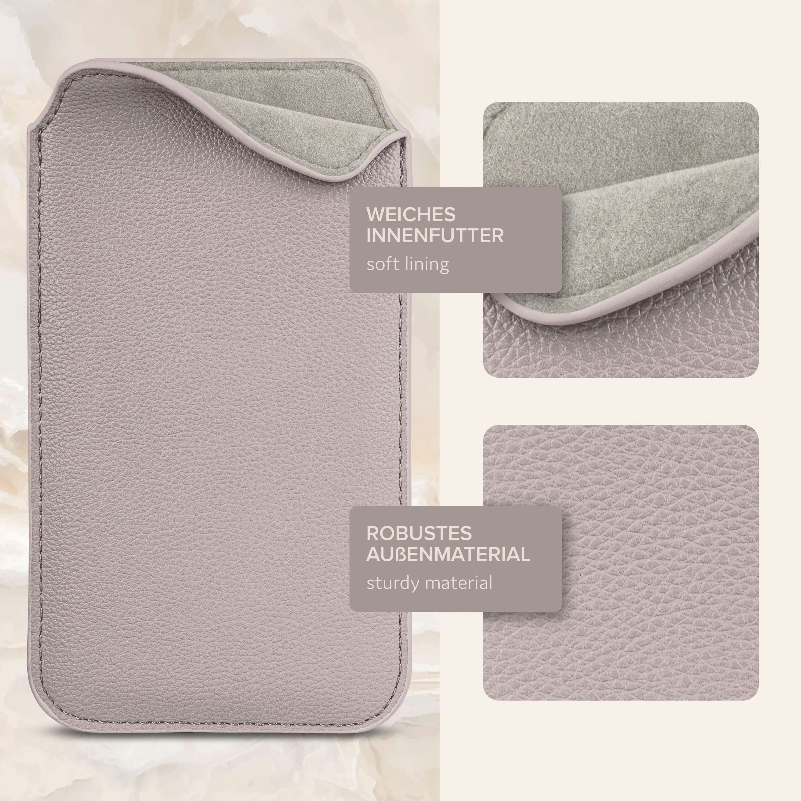 Nahaufnahme einer Handyhülle mit weichem Futter und robustem Material. Lavendelfarbe.