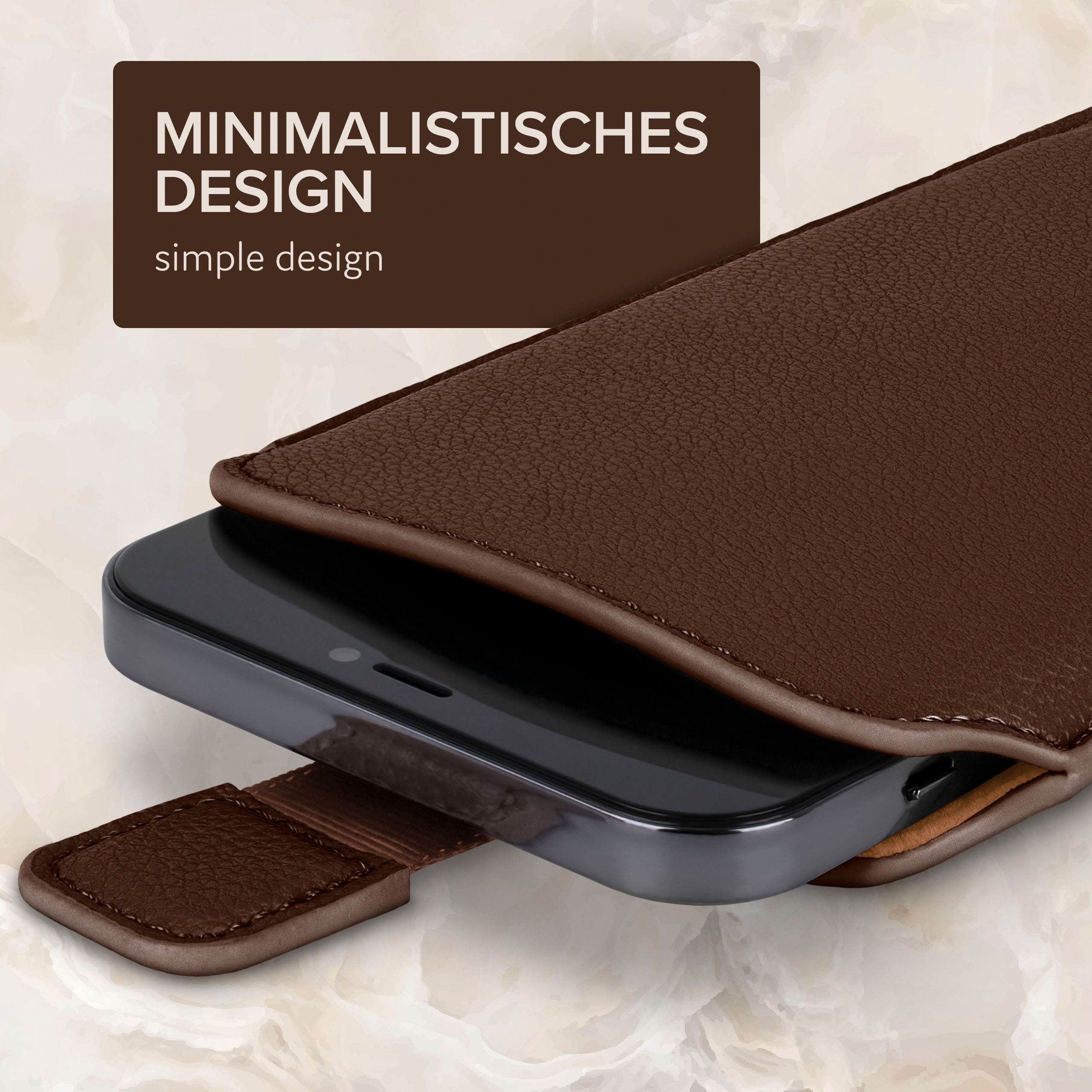 Braune Leder-Handyhülle mit Smartphone. Minimalistisches Design.