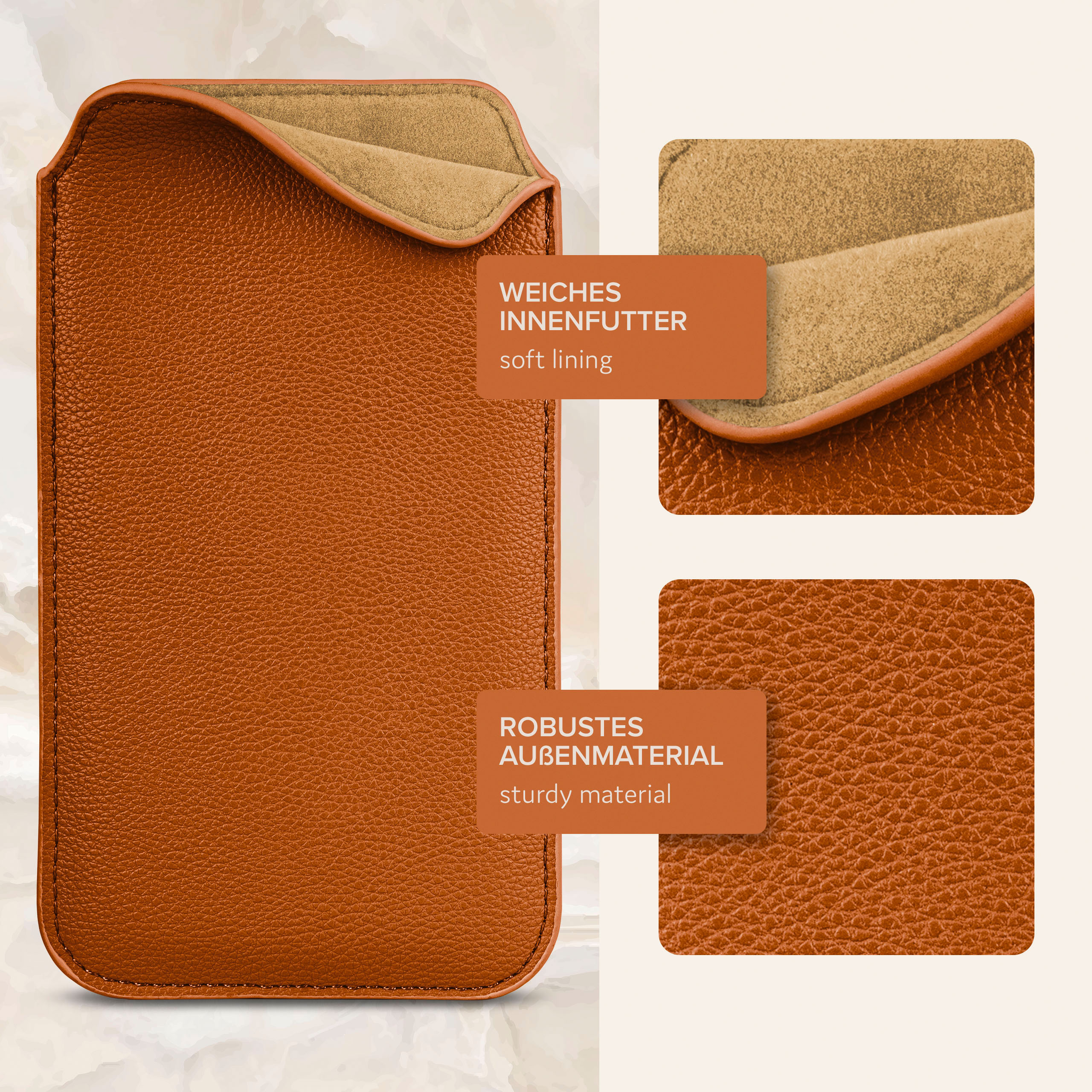 Nahaufnahme einer Handyhülle mit weichem Innenfutter und robustem Material. Text: weiches Innenfutter, robustes Material.