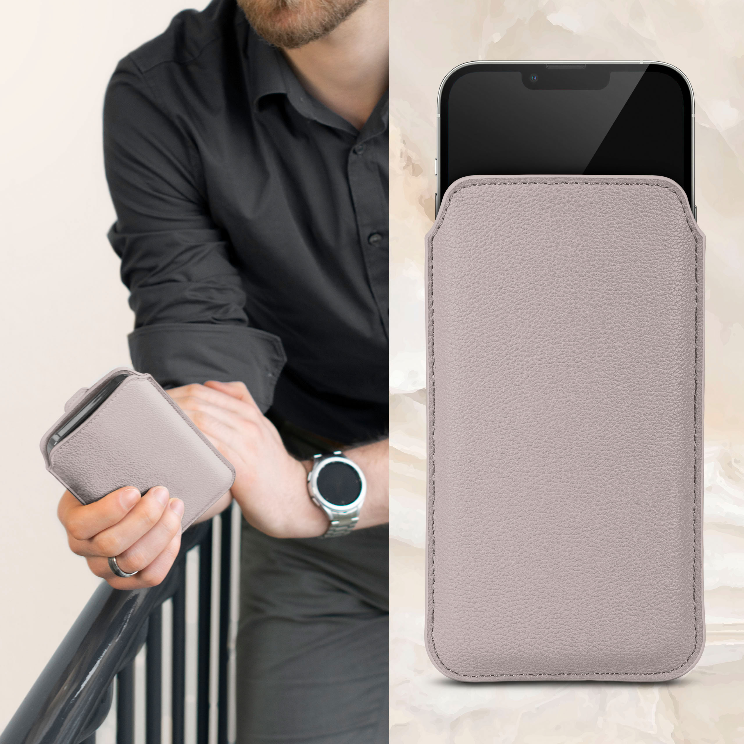Mann hält graues Handycase neben einem Telefon in ähnlichem Case. Hintergrund marmoriert.