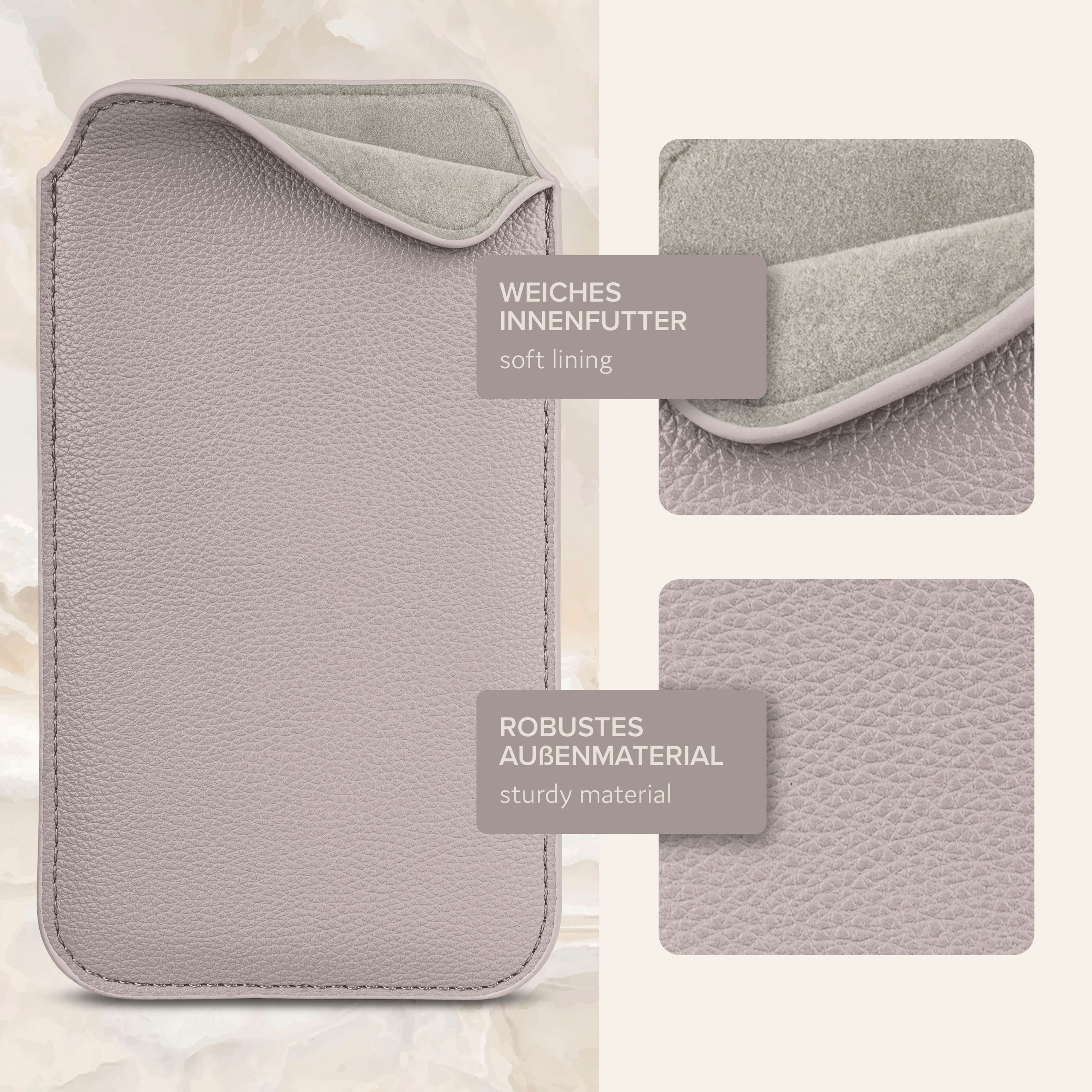 Lila Handyhülle mit weichem Futter und robustem Material.
