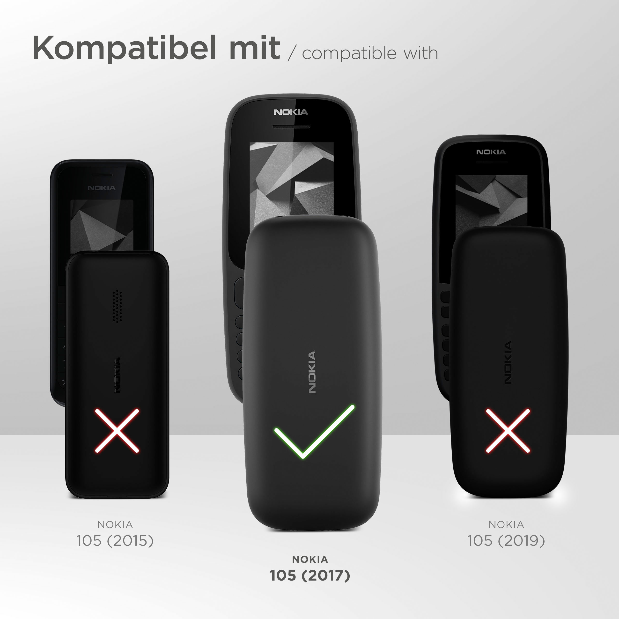 Drei Nokia-Telefone werden angezeigt. Eines ist in einer schwarzen Hülle, die anderen haben rote X's.